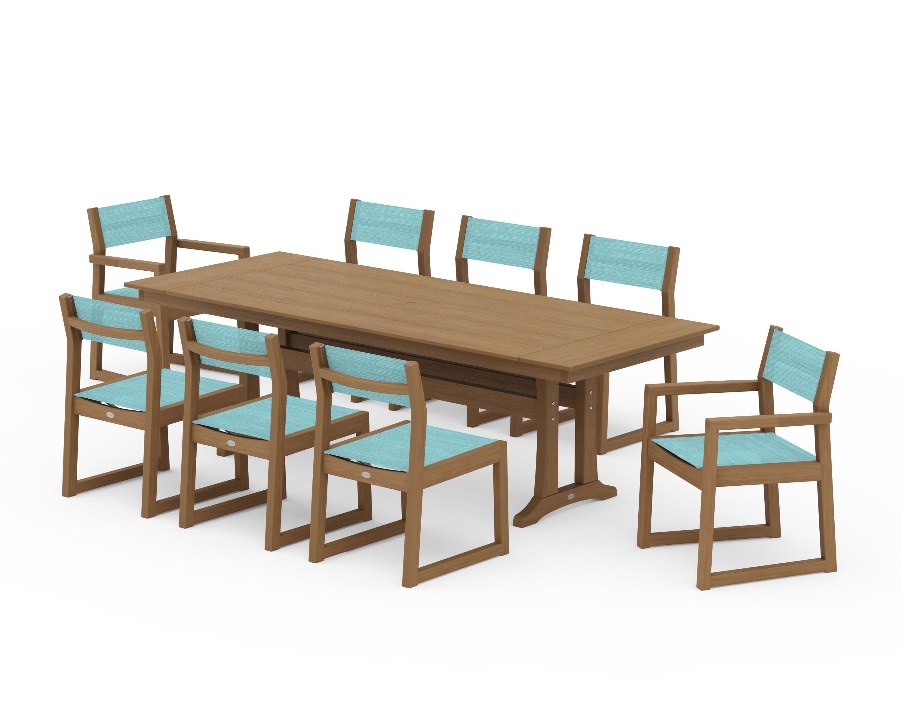 POLYWOOD EDGE Sling 9-Piece Farmhouse Trestle Dining Set in Natural / Dupioni Aquamarine Sling