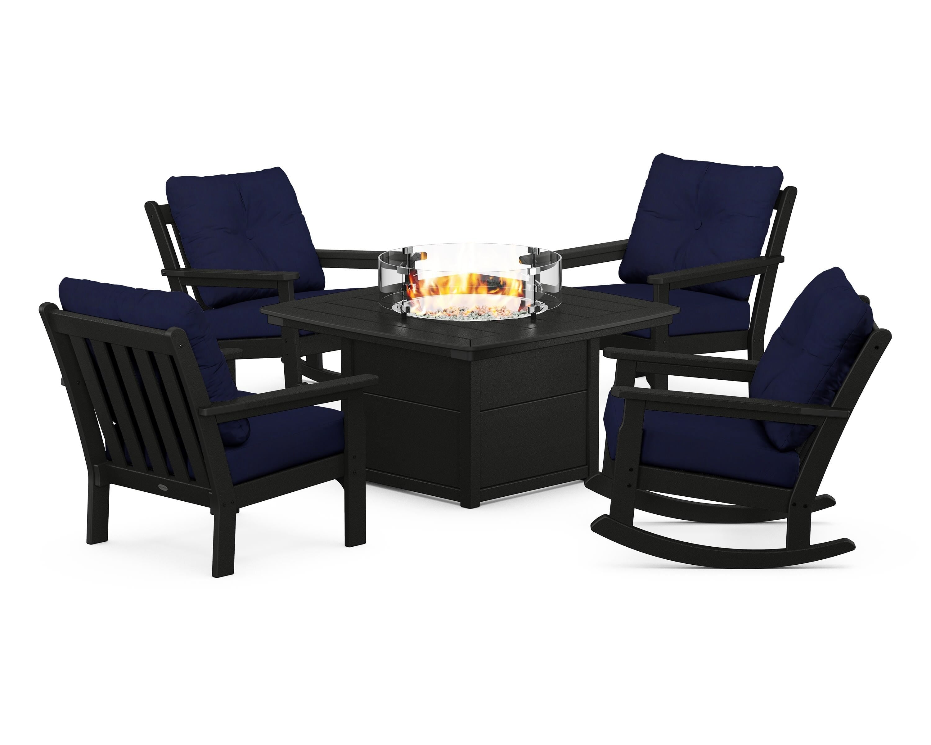 POLYWOOD Vineyard 5-Piece Deep Seating Rocking Chair Conversation Set with Fire Pit Table in Black / Navy