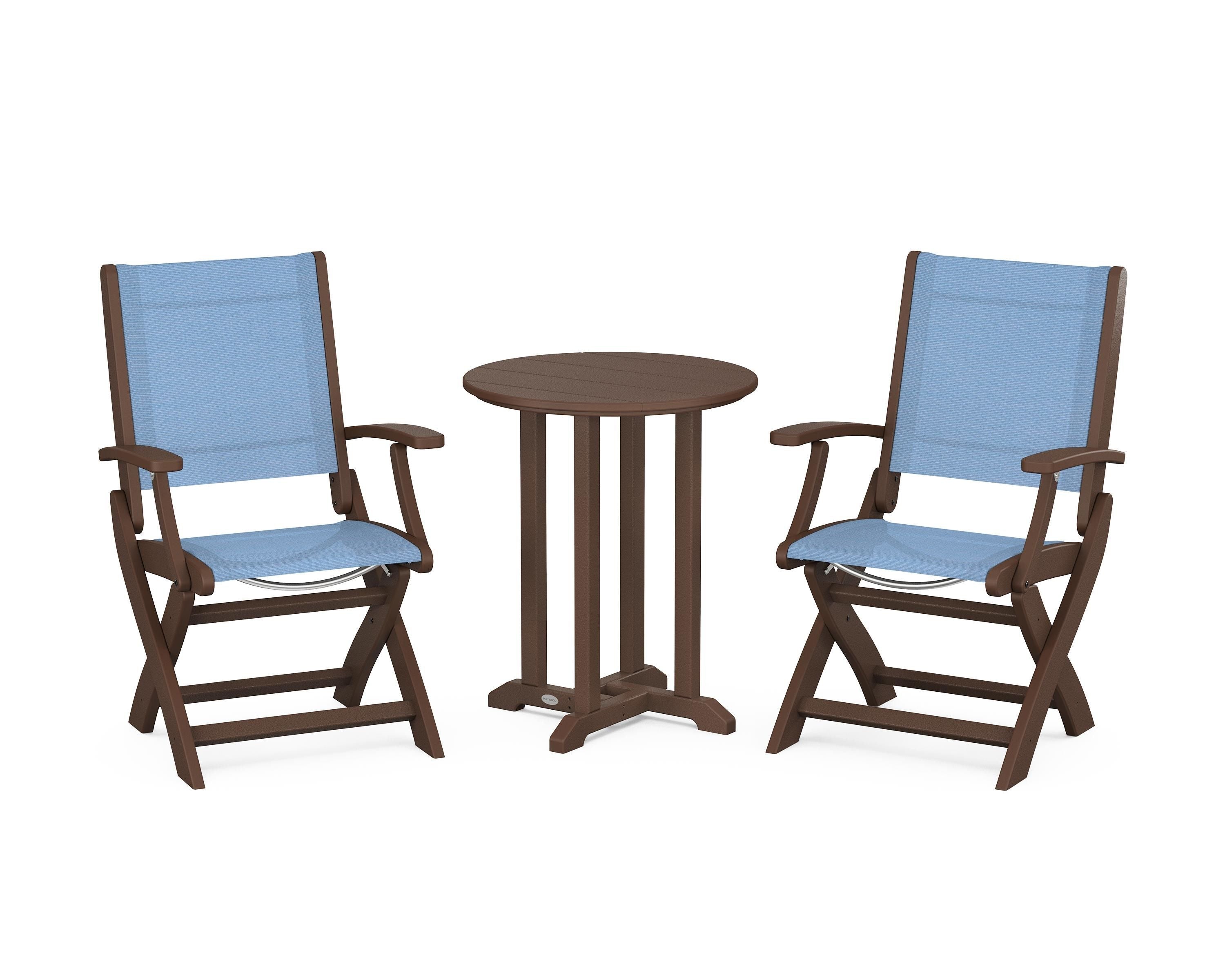 POLYWOOD Coastal Folding 3-Piece Round Bistro Dining Set in Mahogany / Poolside Sling