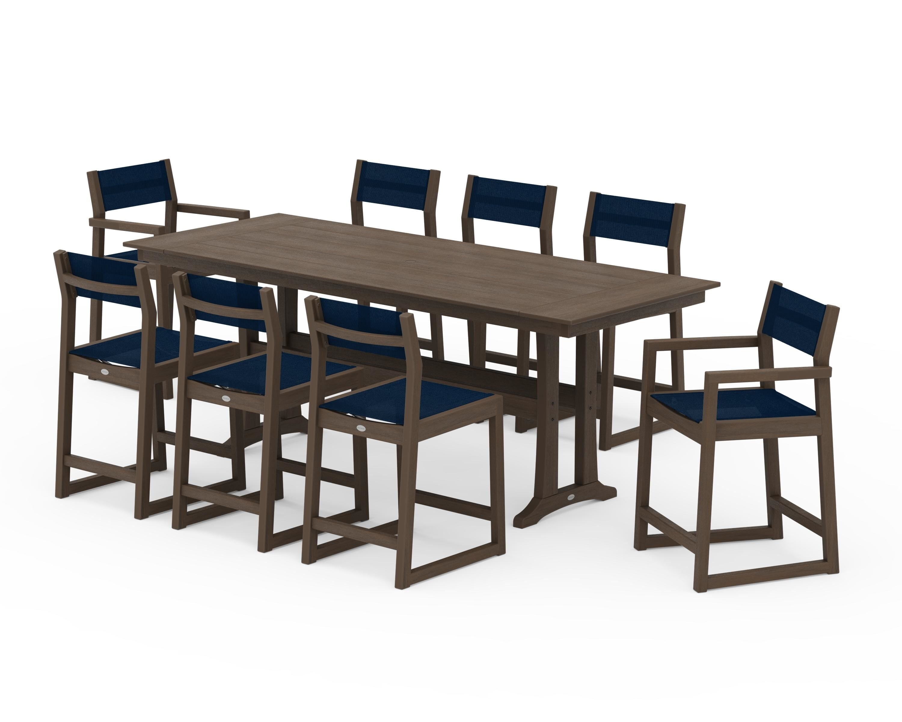 POLYWOOD EDGE Sling 9-Piece Farmhouse Counter Set with Trestle Legs in Kona / Navy Blue Sling