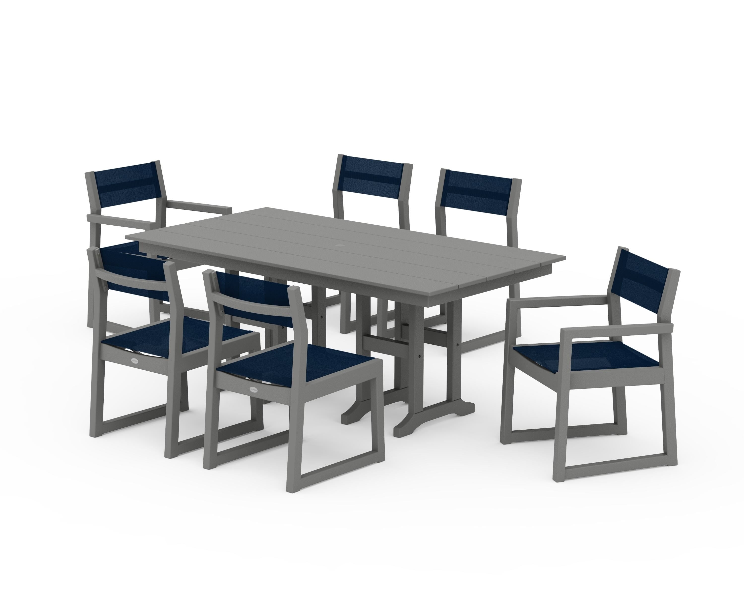 POLYWOOD EDGE Sling 7-Piece Farmhouse Dining Set in Slate Grey / Navy Blue Sling