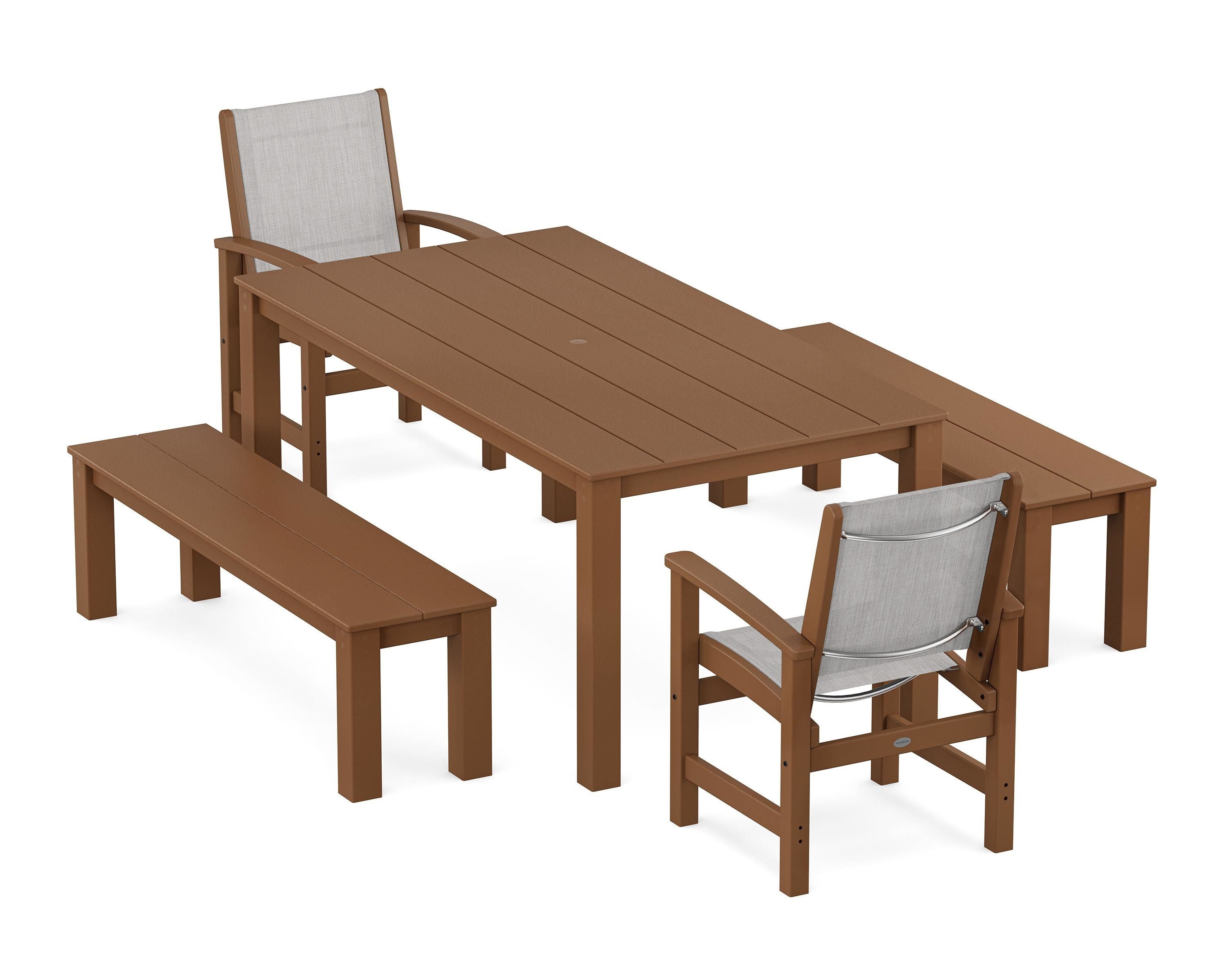 POLYWOOD Coastal 5-Piece Parsons Dining Set with Benches in Teak / Parchment Sling