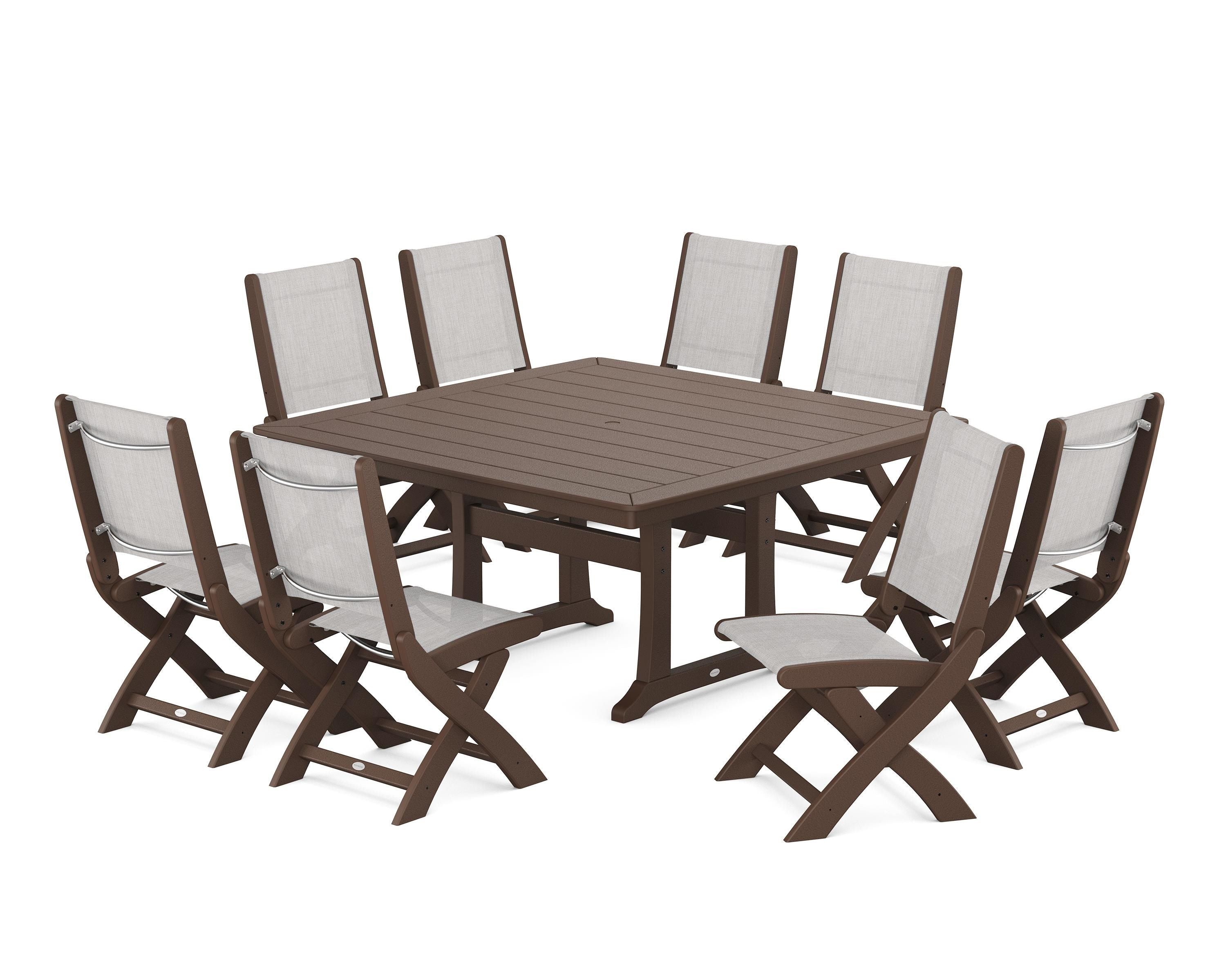 POLYWOOD Coastal Folding Side Chair 9-Piece Dining Set with Trestle Legs in Mahogany / Parchment Sling