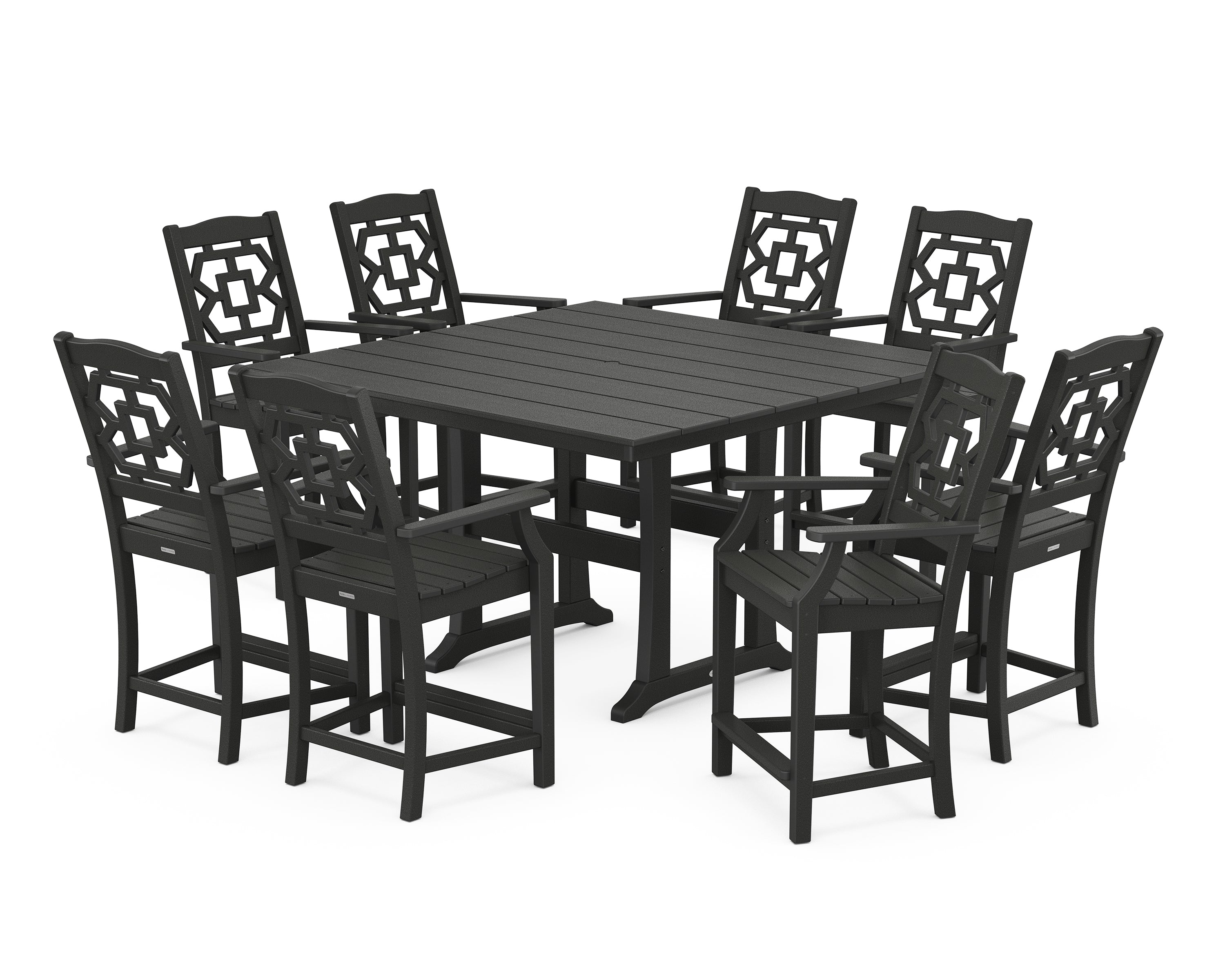 Martha Stewart by POLYWOOD® Chinoiserie 9-Piece Square Farmhouse Counter Set with Trestle Legs in Black