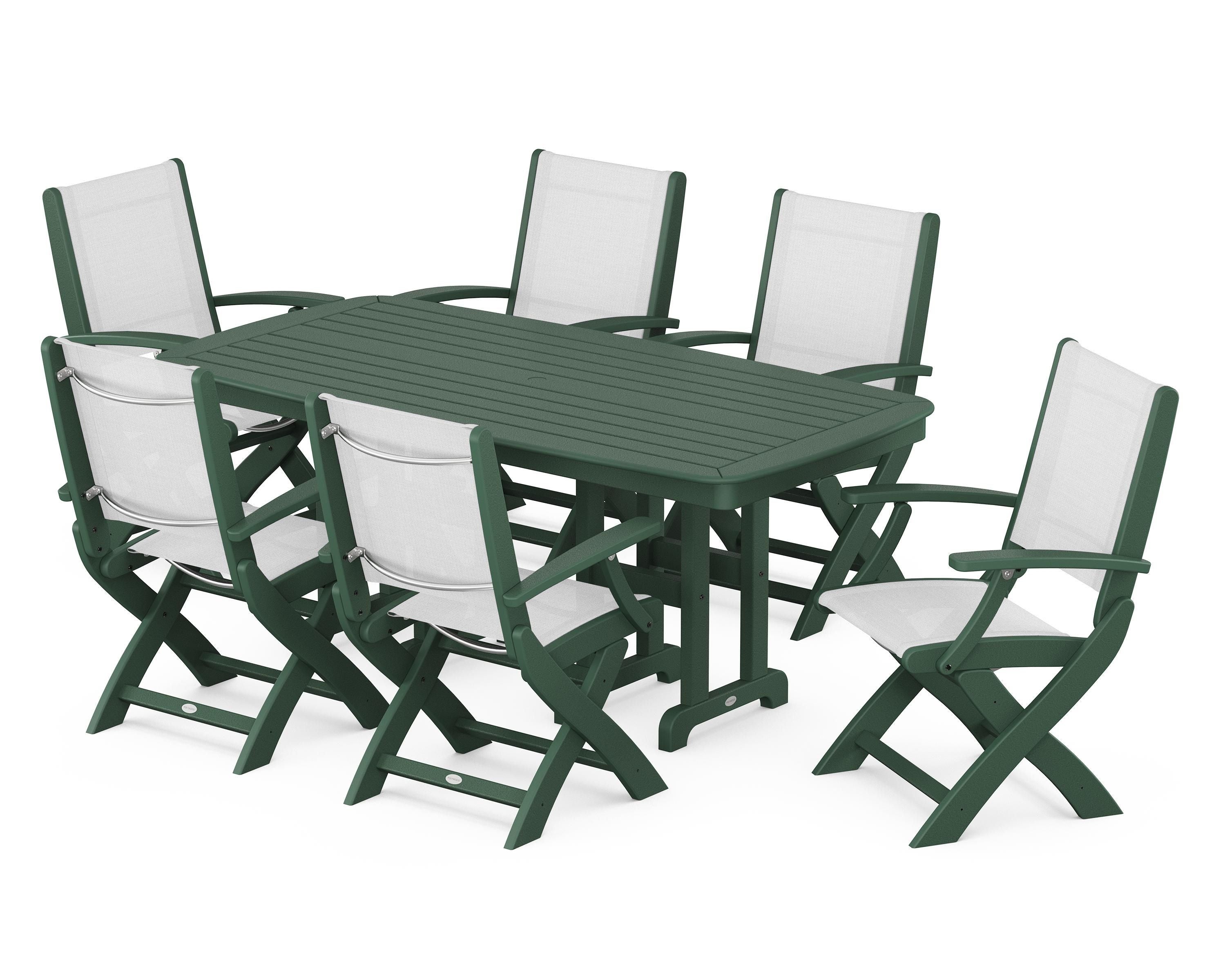 POLYWOOD Coastal Folding Arm Chair 7-Piece Dining Set in Green / White Sling