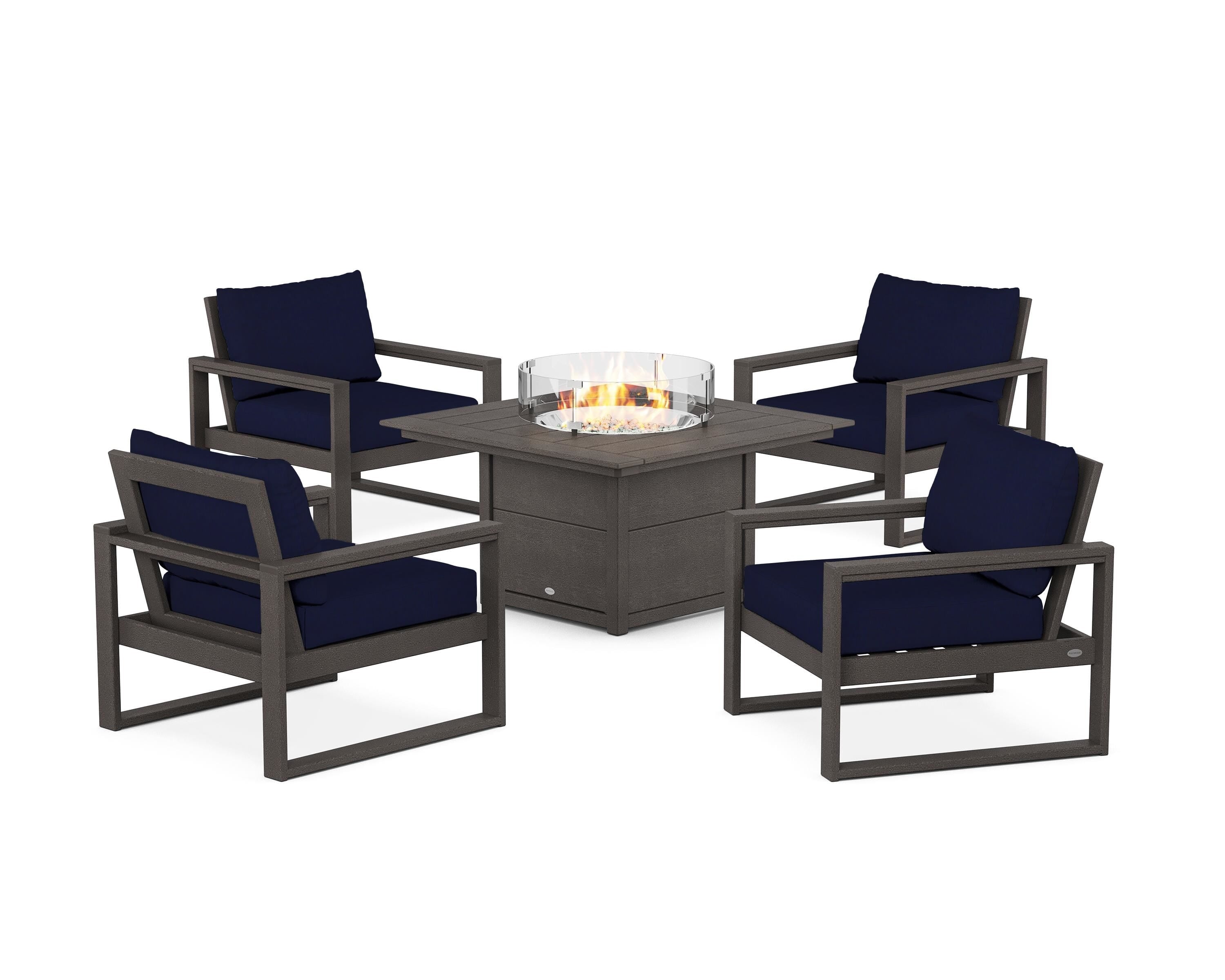 POLYWOOD EDGE Sectional 5-Piece Deep Seating Set with Fire Pit Table in Vintage Coffee / Navy