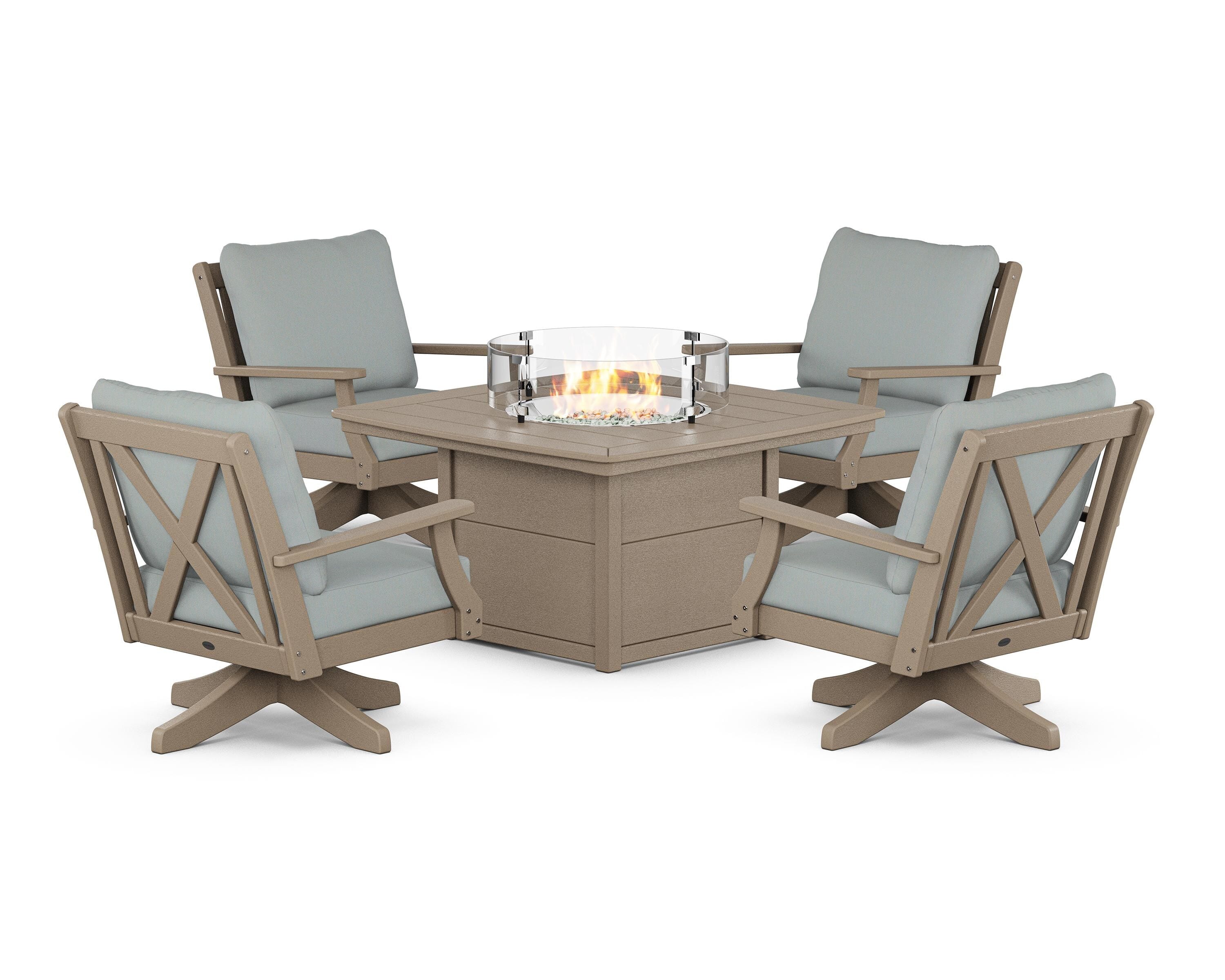 POLYWOOD Braxton 5-Piece Deep Seating Swivel Conversation Set with Fire Pit Table in Vintage Sahara / Spa
