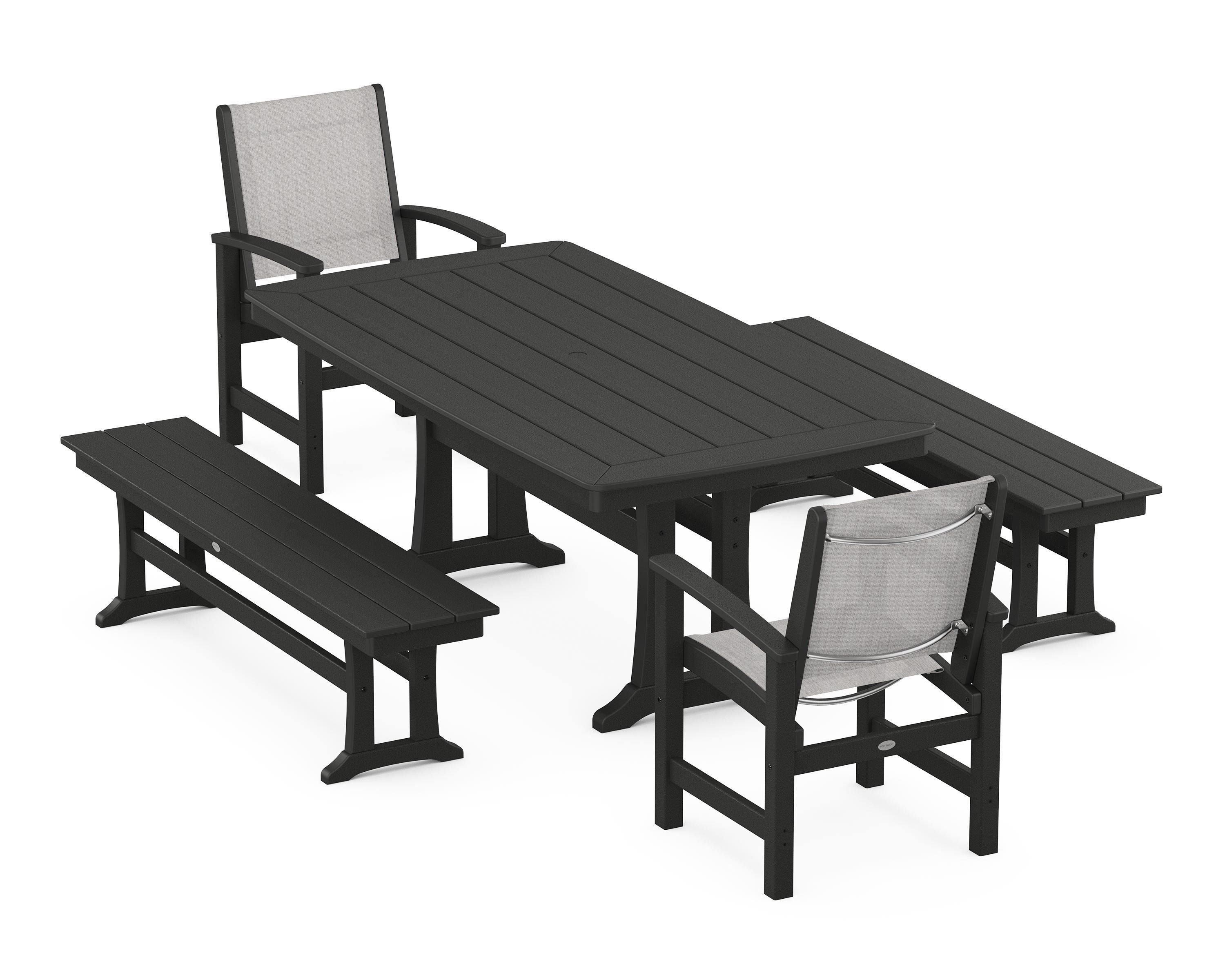 POLYWOOD Coastal 5-Piece Dining Set with Trestle Legs and Benches in Black / Parchment Sling