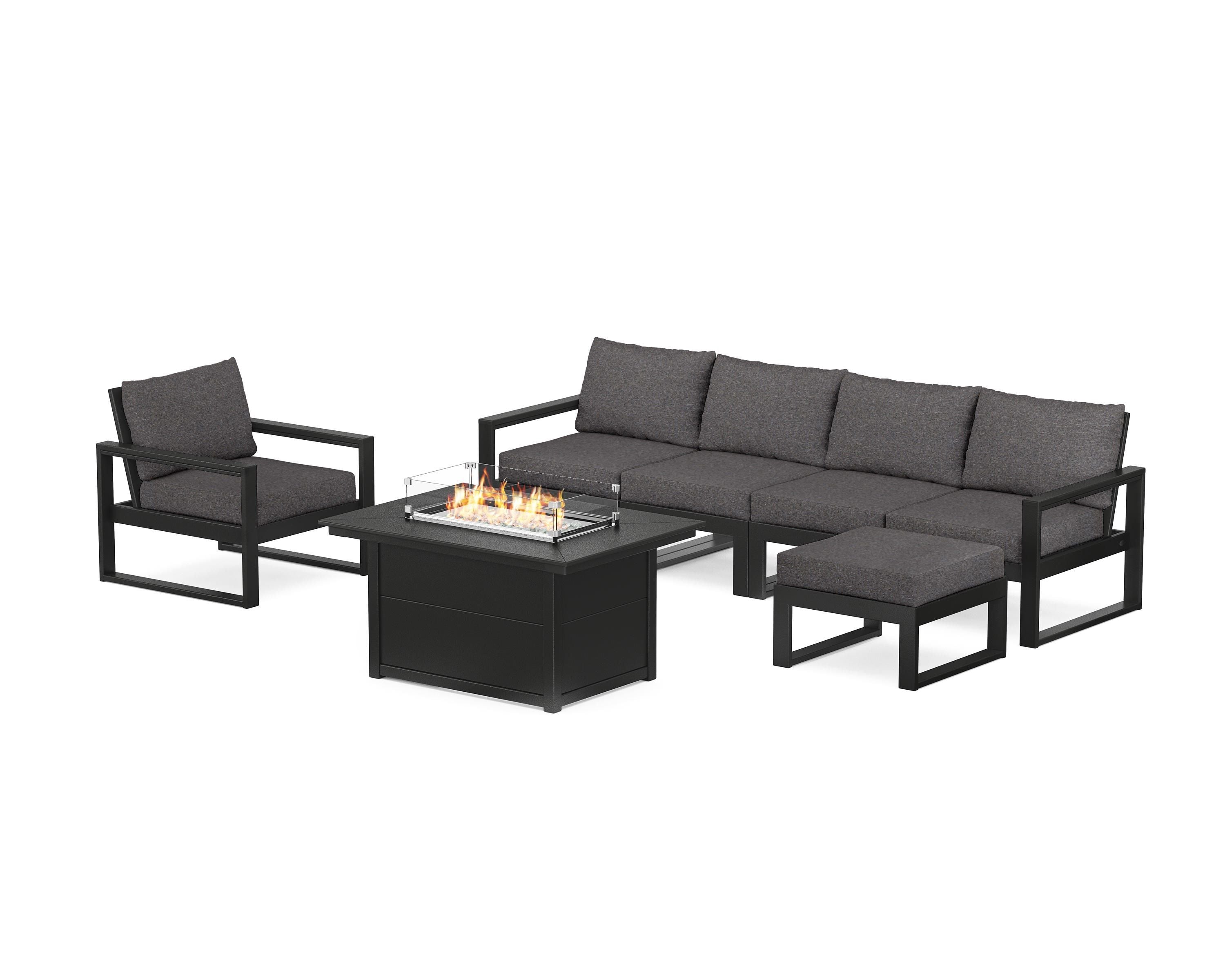 POLYWOOD EDGE Sectional Lounge and Fire Pit Set in Black / Ash Charcoal