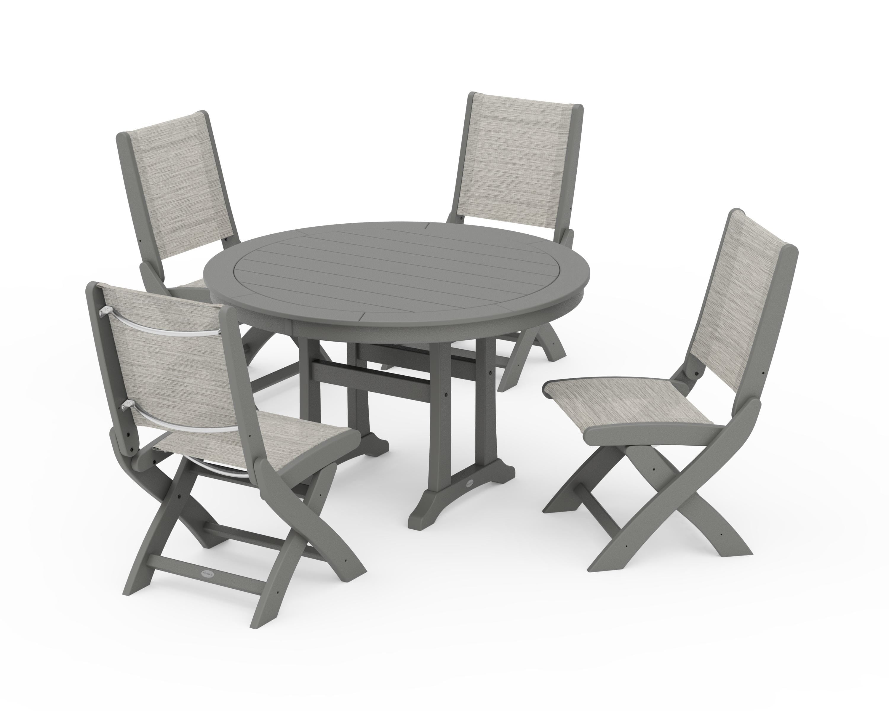 POLYWOOD Coastal Folding Side Chair 5-Piece Round Dining Set With Trestle Legs in Slate Grey / Birch Sling