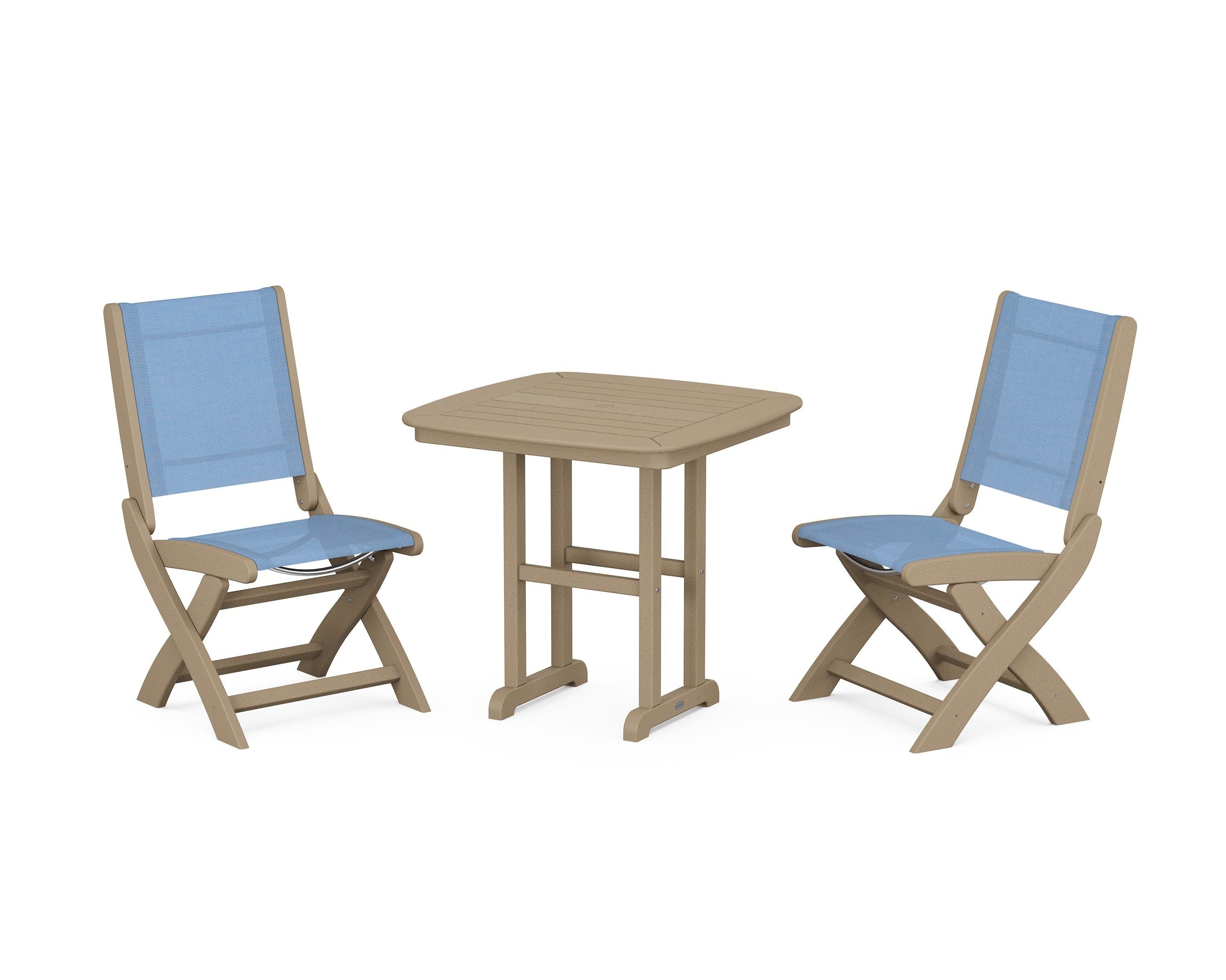 POLYWOOD Coastal Folding Side Chair 3-Piece Dining Set in Vintage Sahara / Poolside Sling
