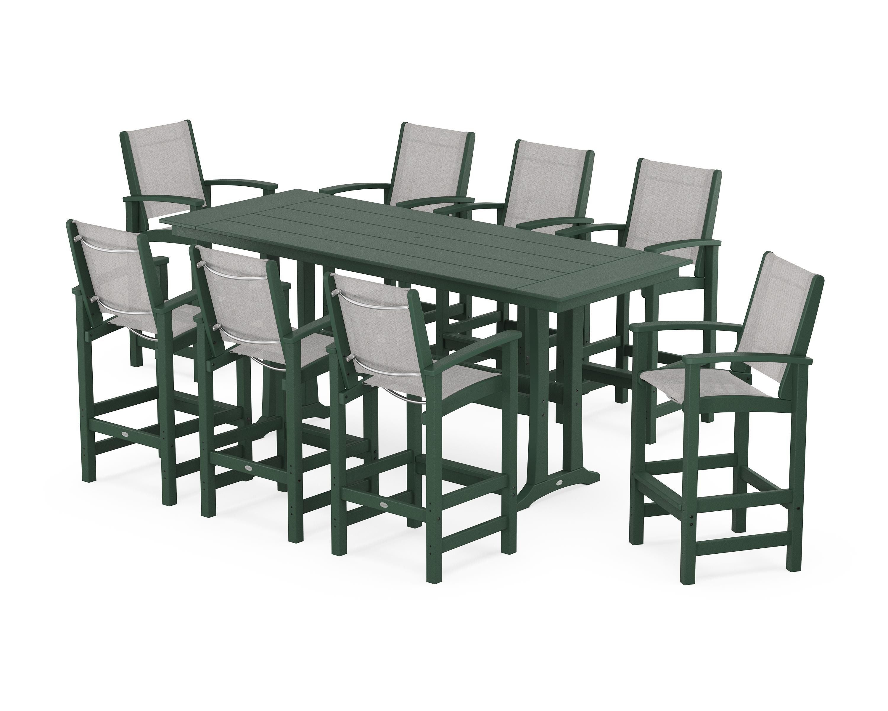 POLYWOOD Coastal 9-Piece Farmhouse Bar Set with Trestle Legs in Green / Parchment Sling