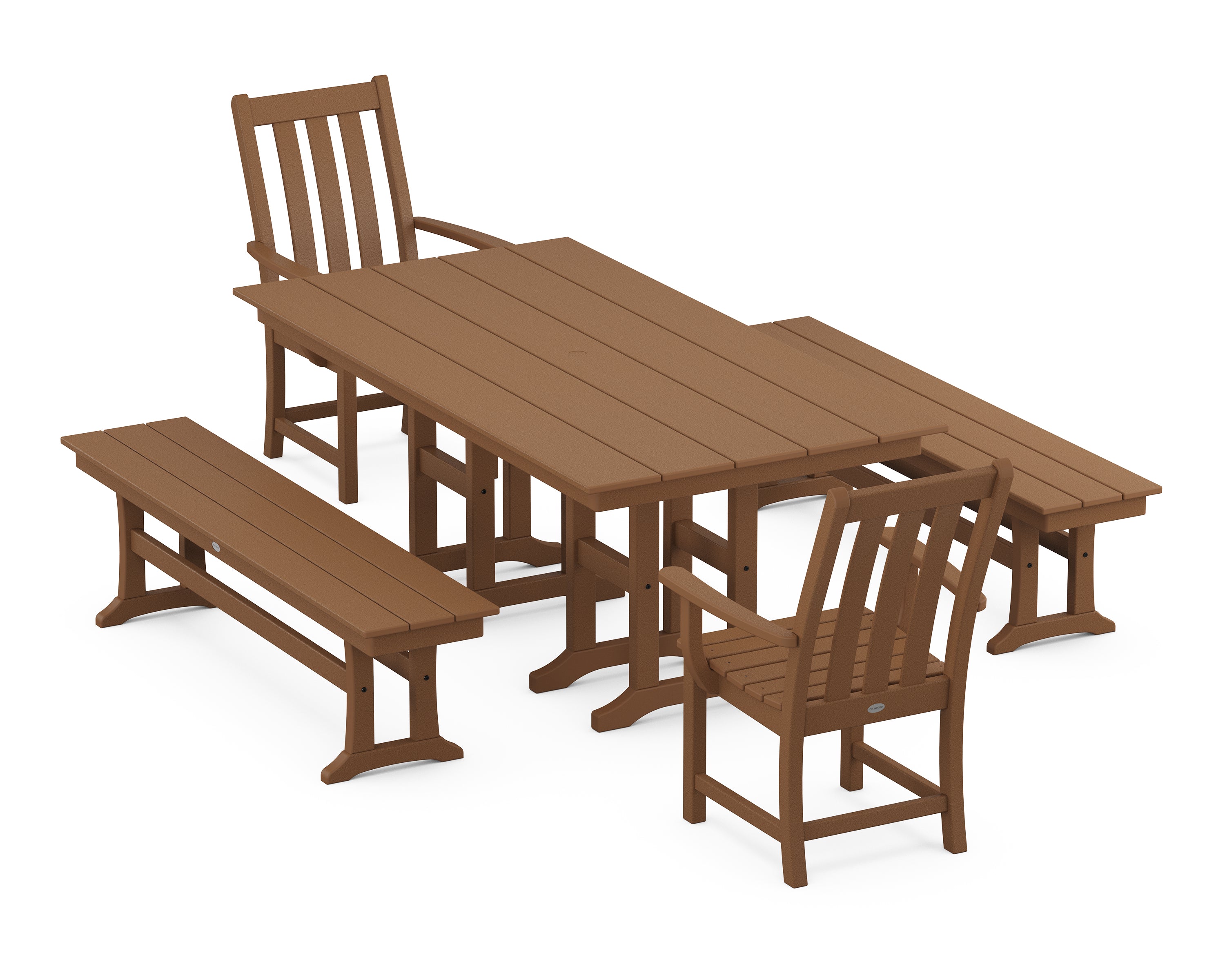 POLYWOOD Vineyard 5-Piece Farmhouse Dining Set with Benches in Teak