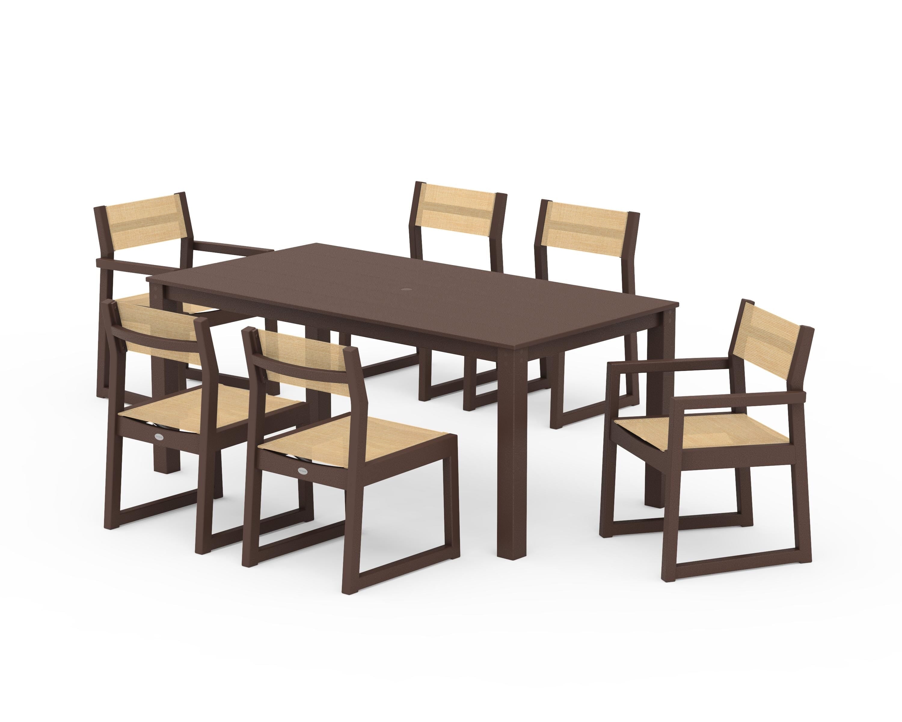 POLYWOOD EDGE Sling 7-Piece Parsons Dining Set in Mahogany / Dupioni Apricot Sling