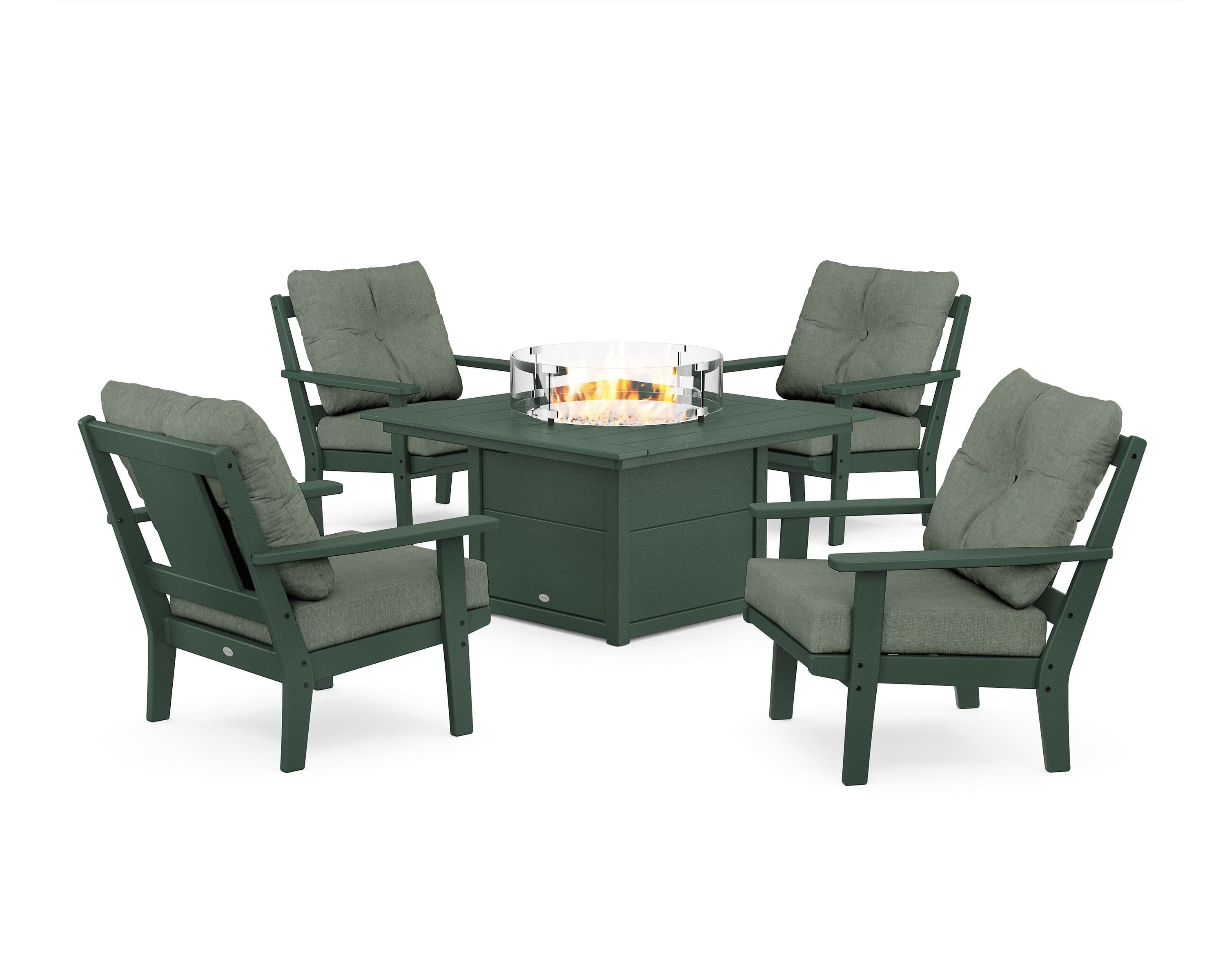POLYWOOD Prairie 5-Piece Deep Seating Set with Fire Pit Table in Green / Cast Sage