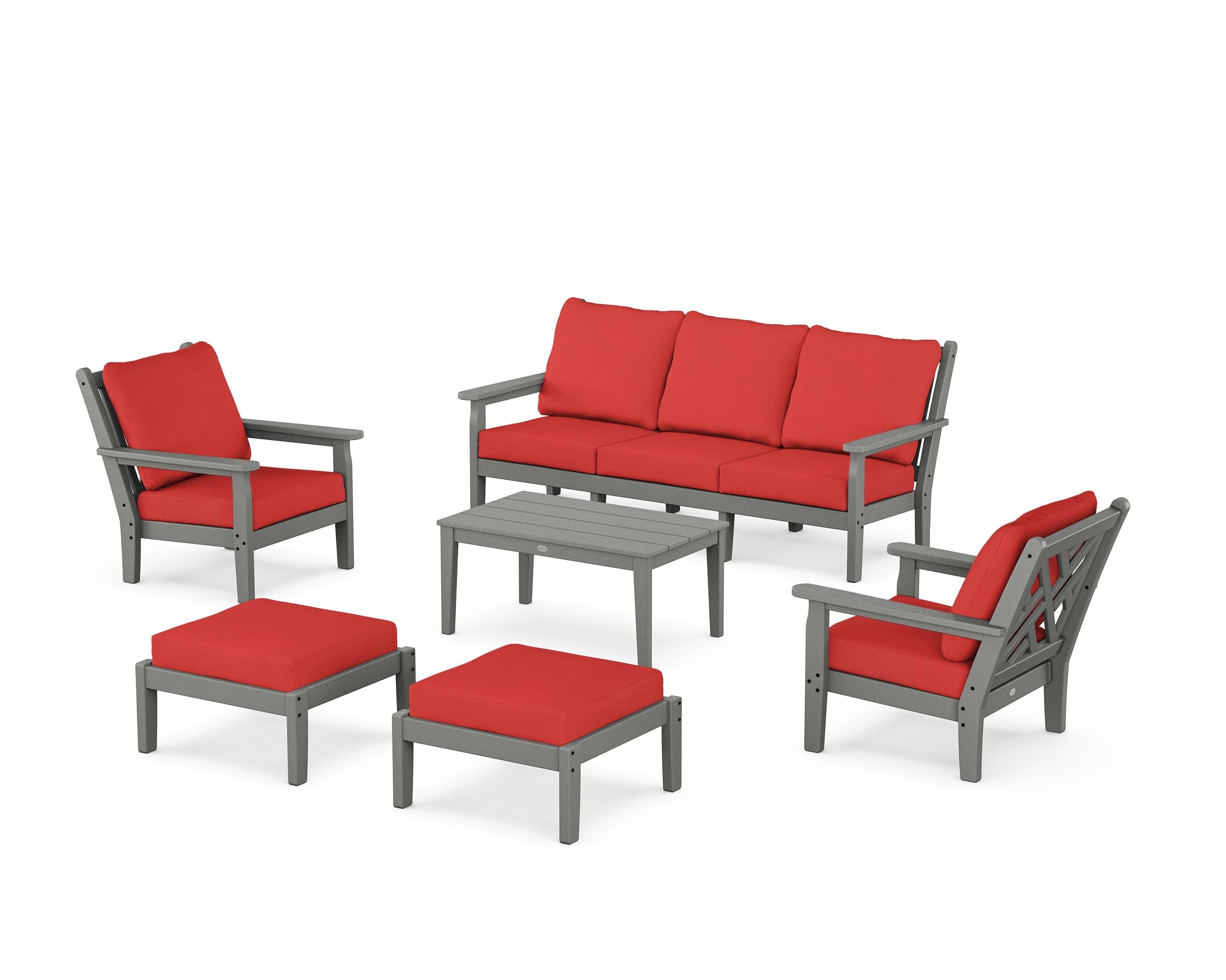 POLYWOOD Chippendale 6-Piece Lounge Sofa Set in Slate Grey / Crimson Linen