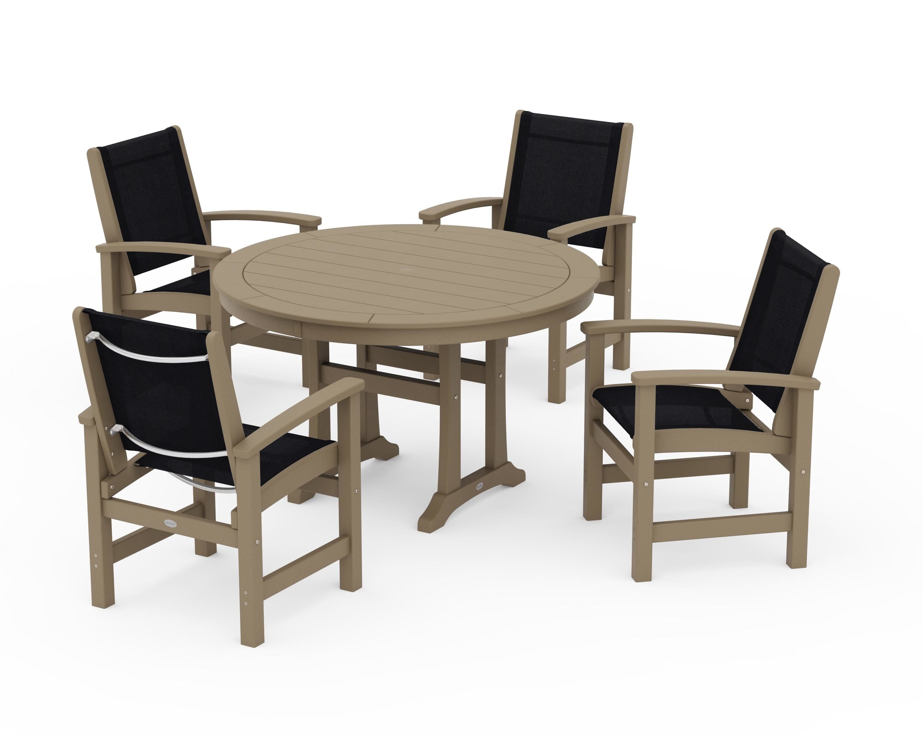 POLYWOOD Coastal 5-Piece Round Dining Set with Trestle Legs in Vintage Sahara / Black Sling