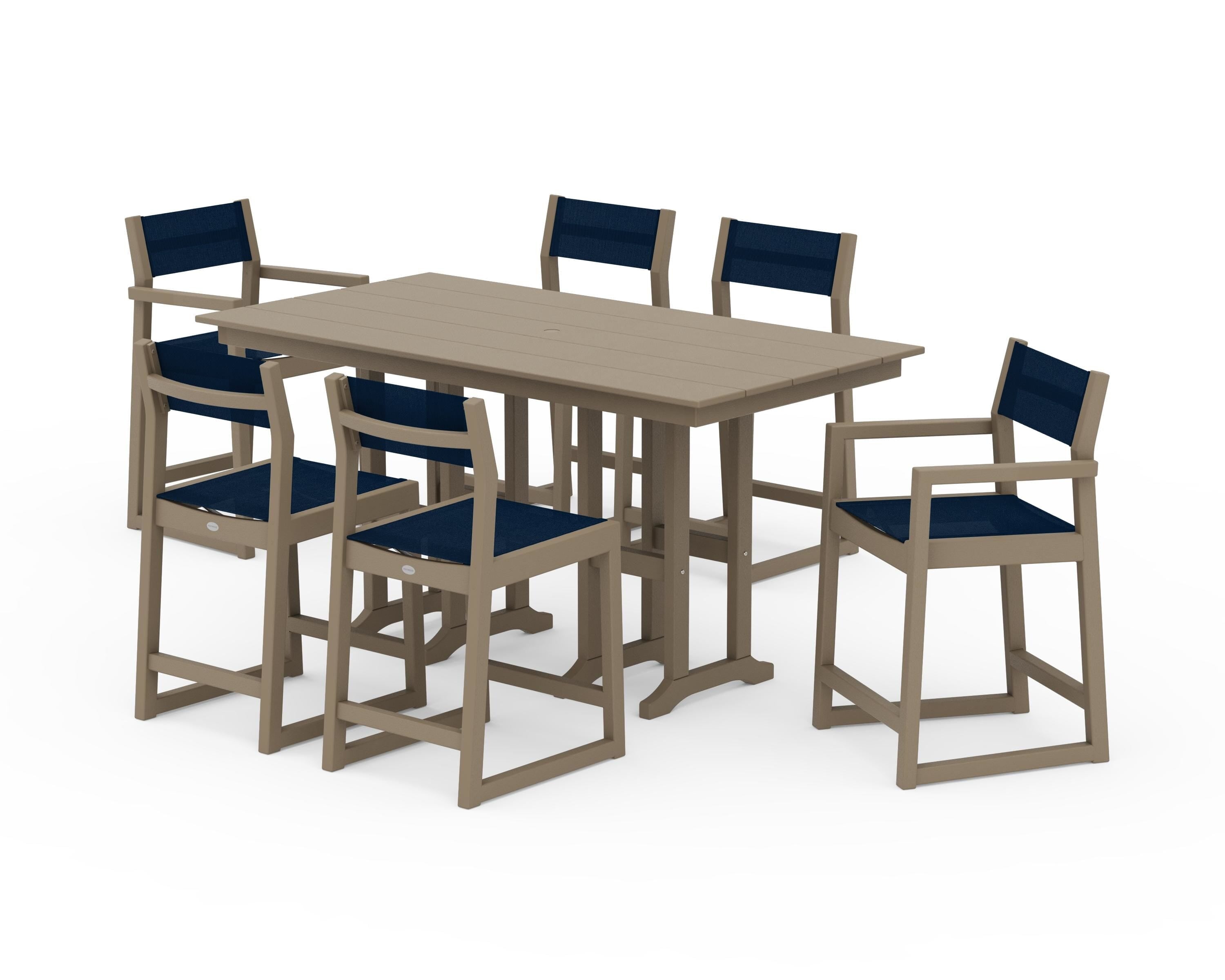 POLYWOOD EDGE Sling 7-Piece Farmhouse Counter Set with Trestle Legs in Vintage Sahara / Navy Blue Sling