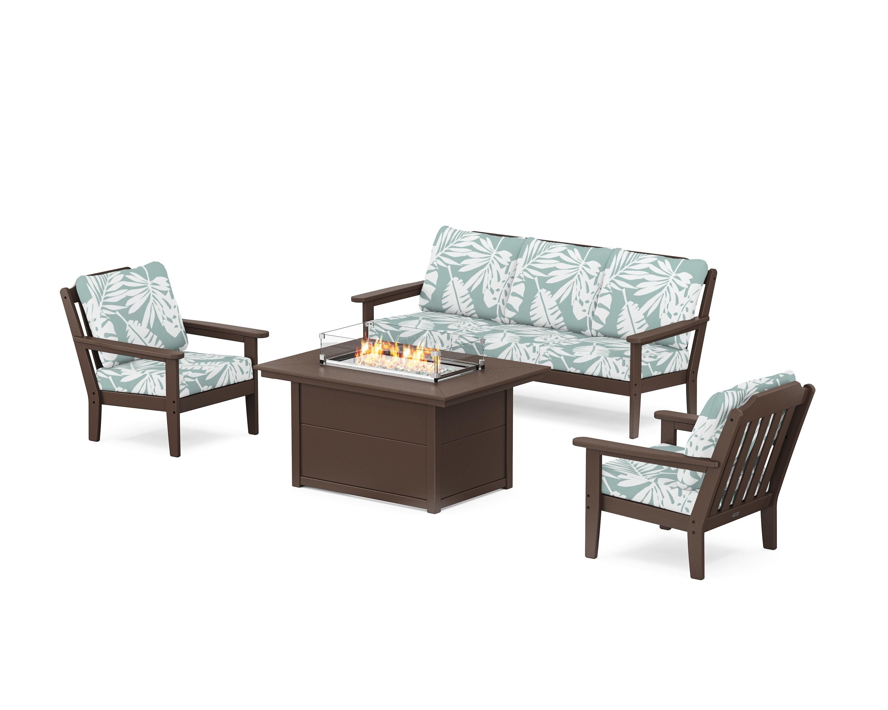 Country Living Cottage Deep Seating Fire Pit Table Set in Mahogany / Leaf Glacier Spa