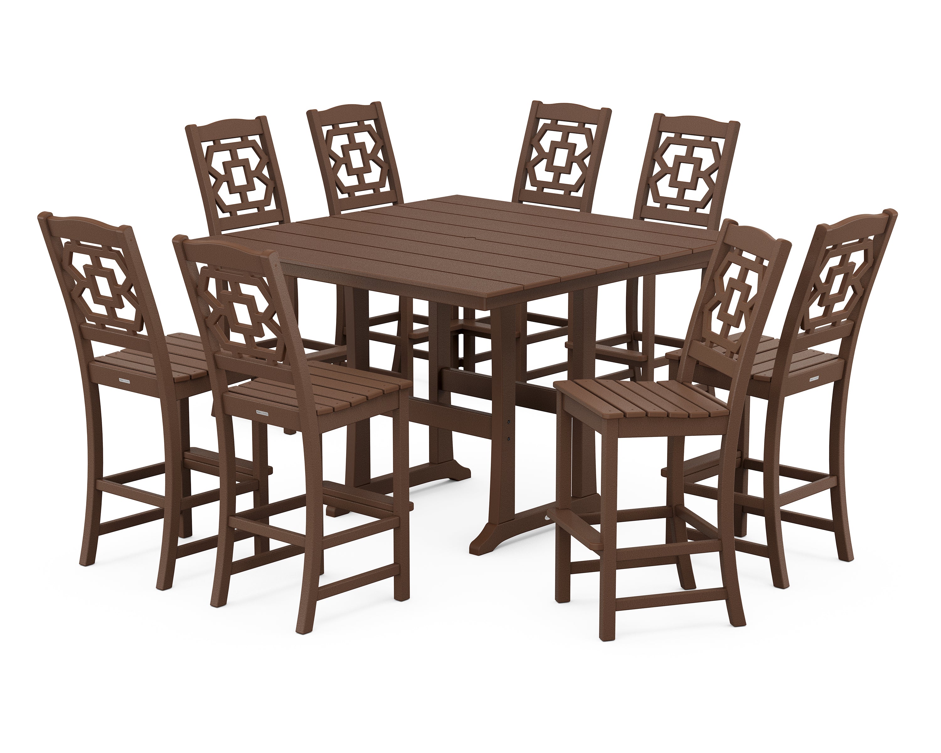 Martha Stewart by POLYWOOD® Chinoiserie 9-Piece Square Farmhouse Side Chair Bar Set with Trestle Legs in Mahogany