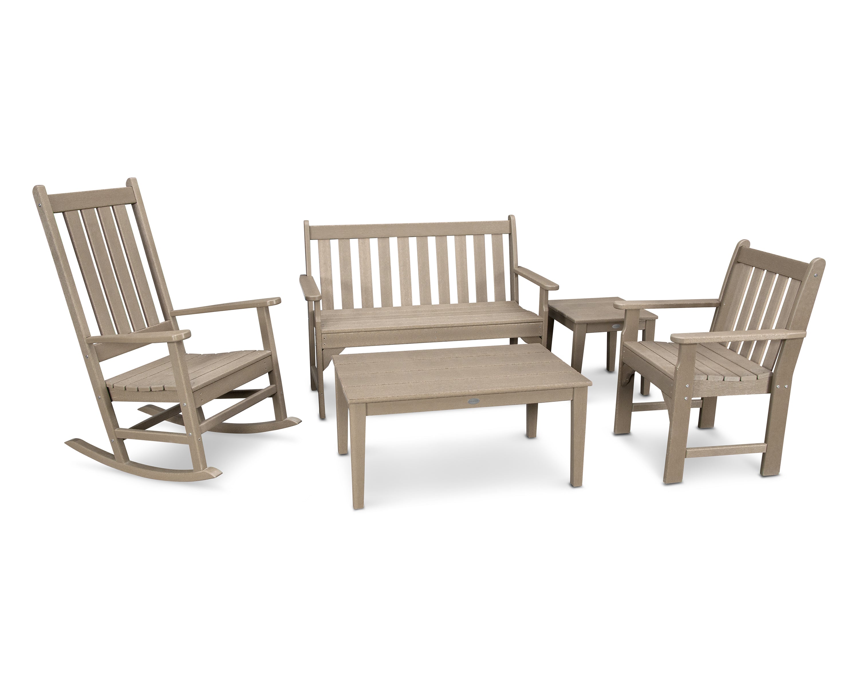 POLYWOOD Vineyard 5-Piece Bench & Rocking Chair Set in Vintage Sahara