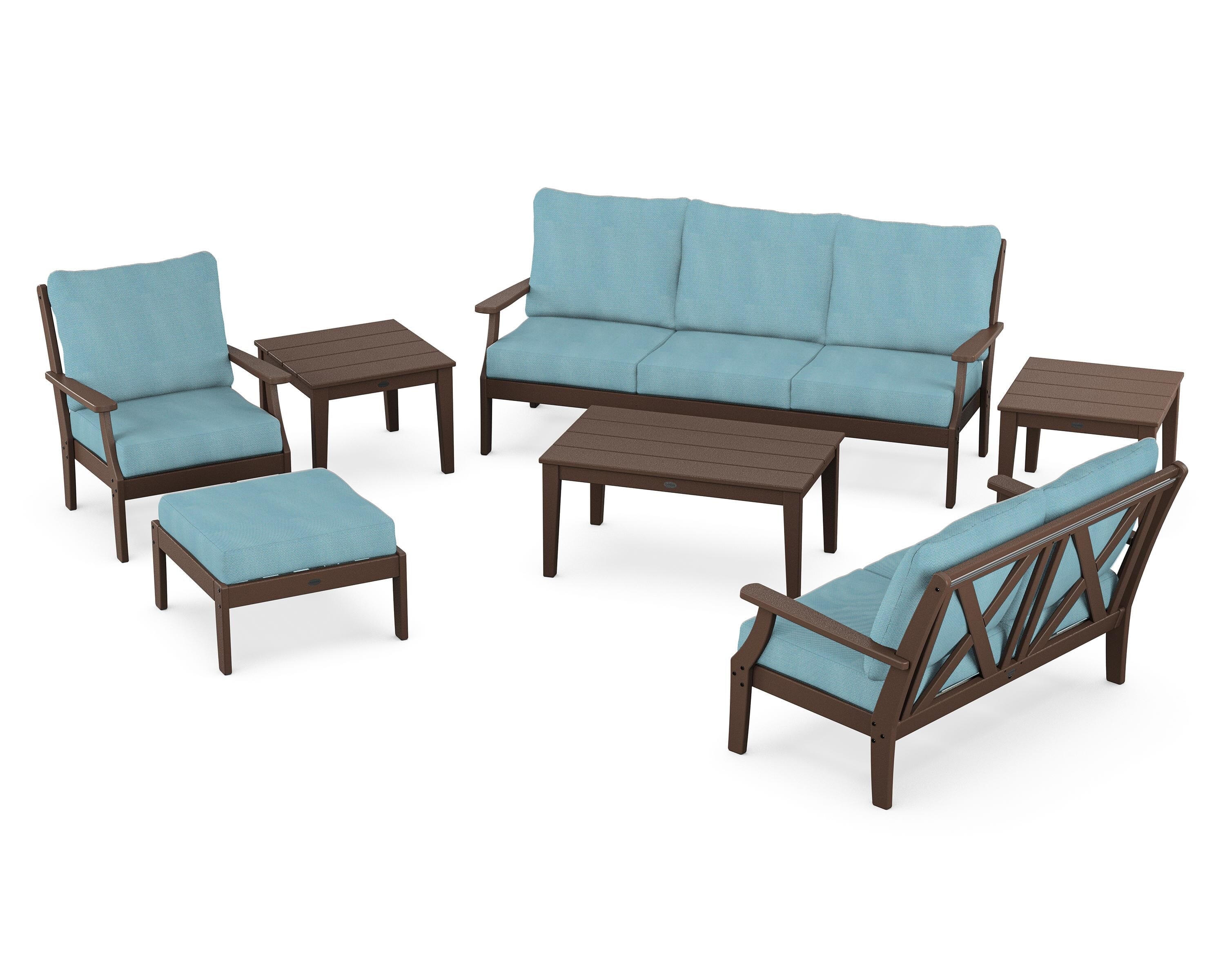 POLYWOOD Braxton 7-Piece Deep Seating Set in Mahogany / Lattice Sky Blue