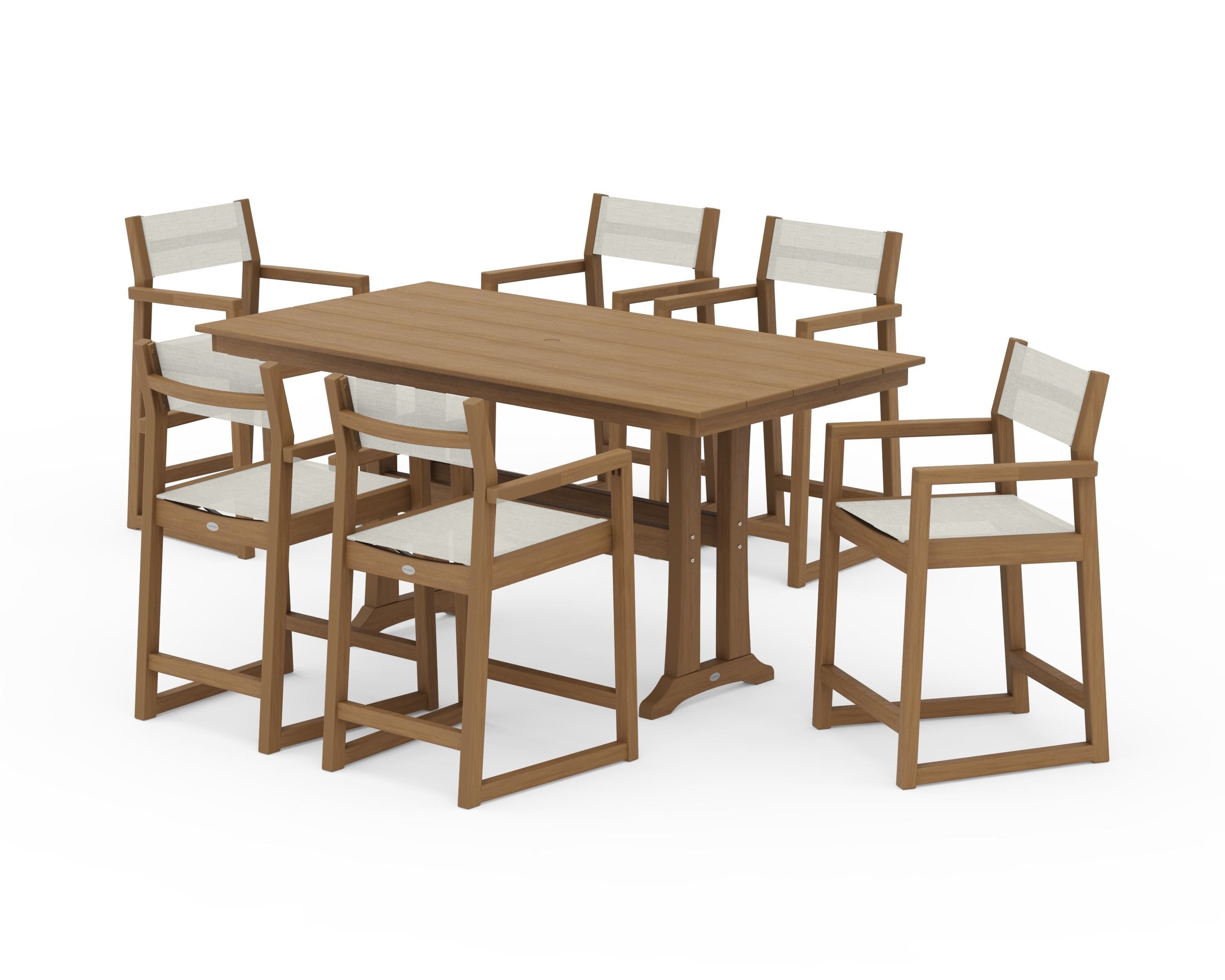 POLYWOOD EDGE Sling Arm Chair 7-Piece Farmhouse Counter Set with Trestle Legs in Natural / Parchment Sling