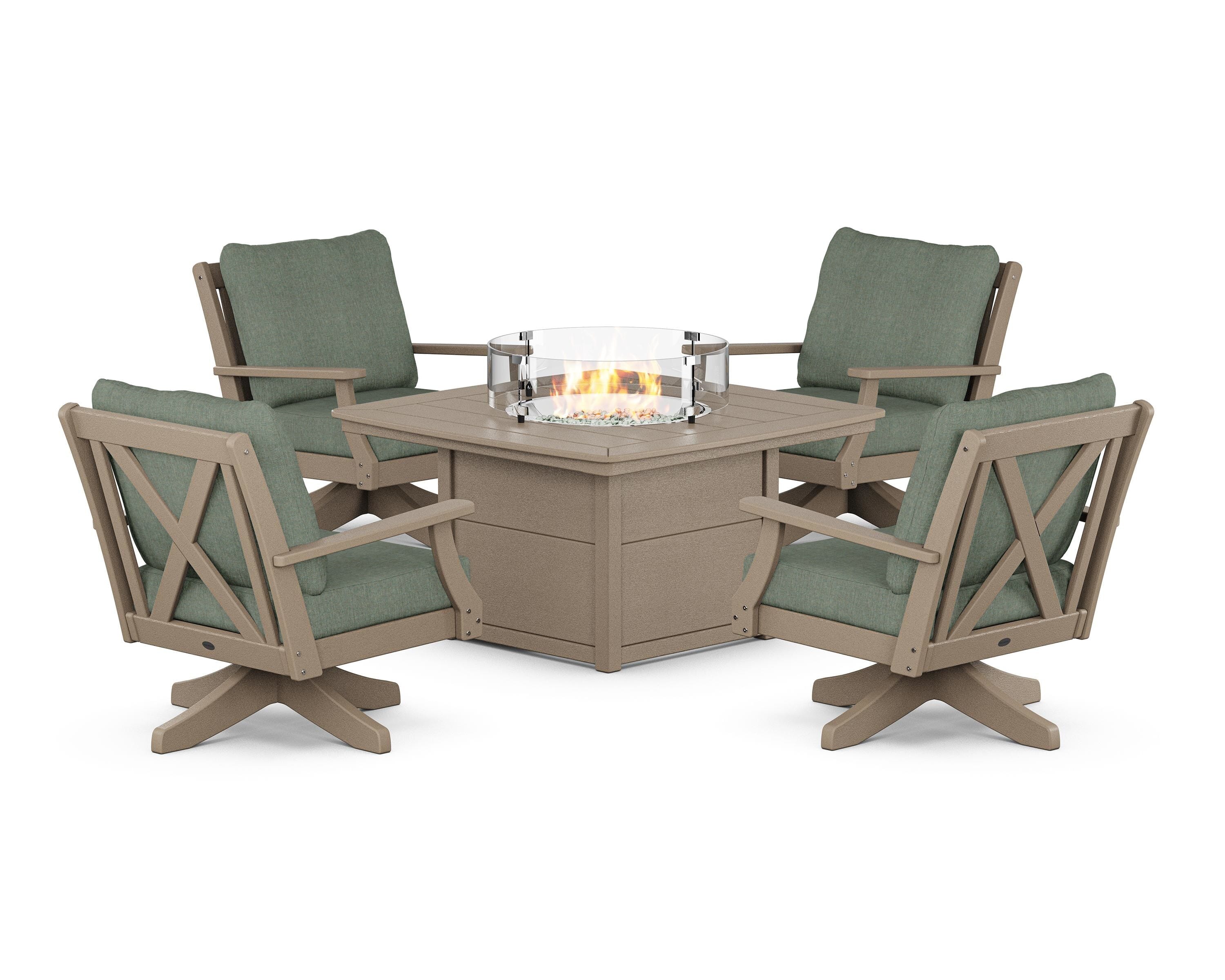 POLYWOOD Braxton 5-Piece Deep Seating Swivel Conversation Set with Fire Pit Table in Vintage Sahara / Cast Sage