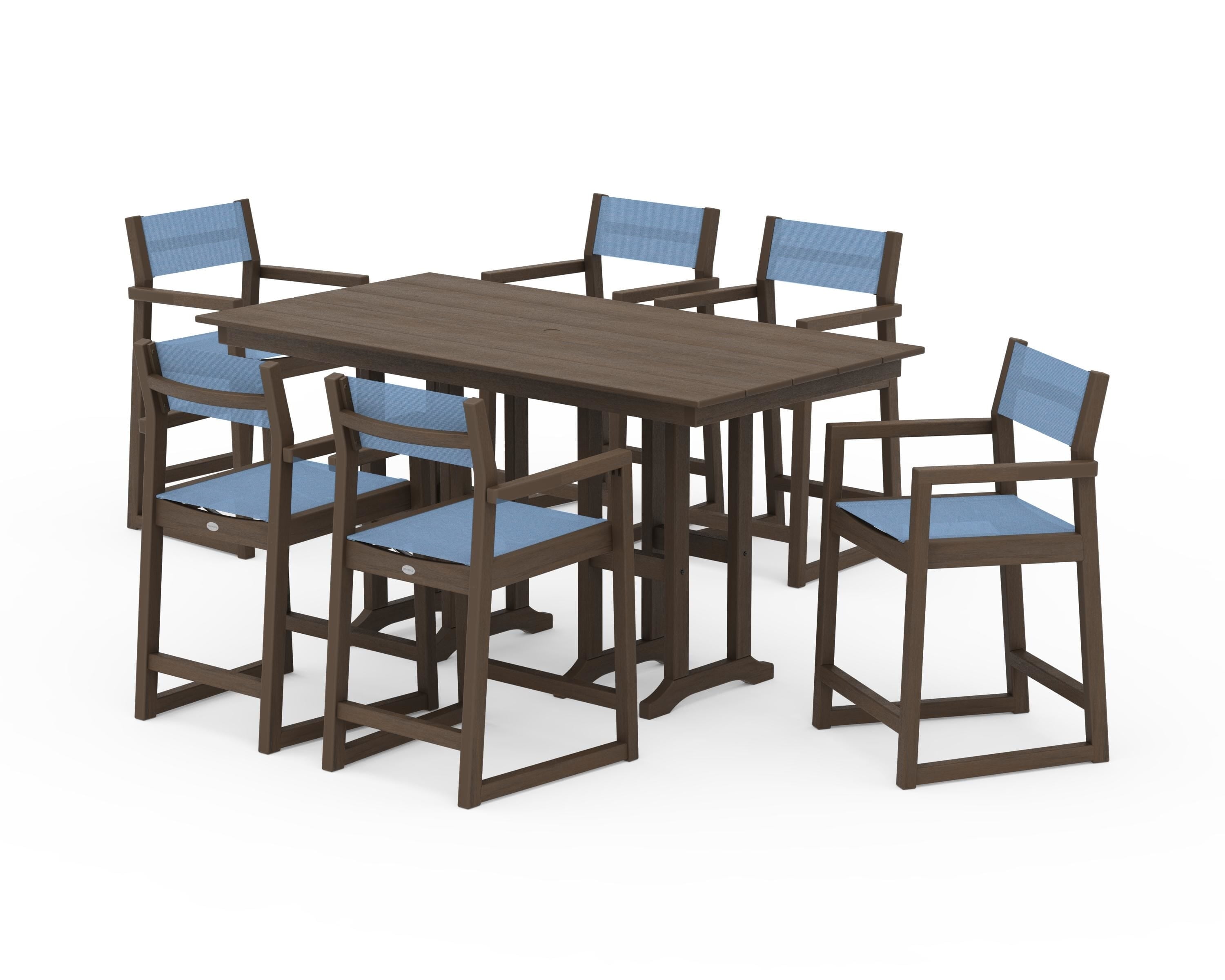 POLYWOOD EDGE Sling Arm Chair 7-Piece Farmhouse Counter Set in Kona / Poolside Sling