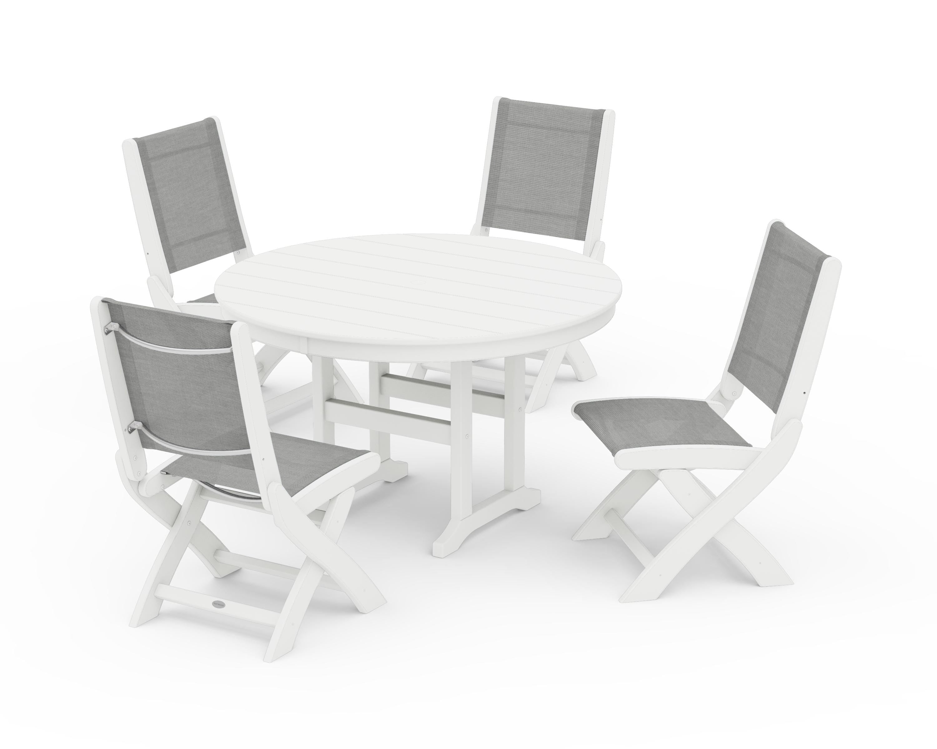 POLYWOOD Coastal Folding Side Chair 5-Piece Round Dining Set in White / Metallic Sling