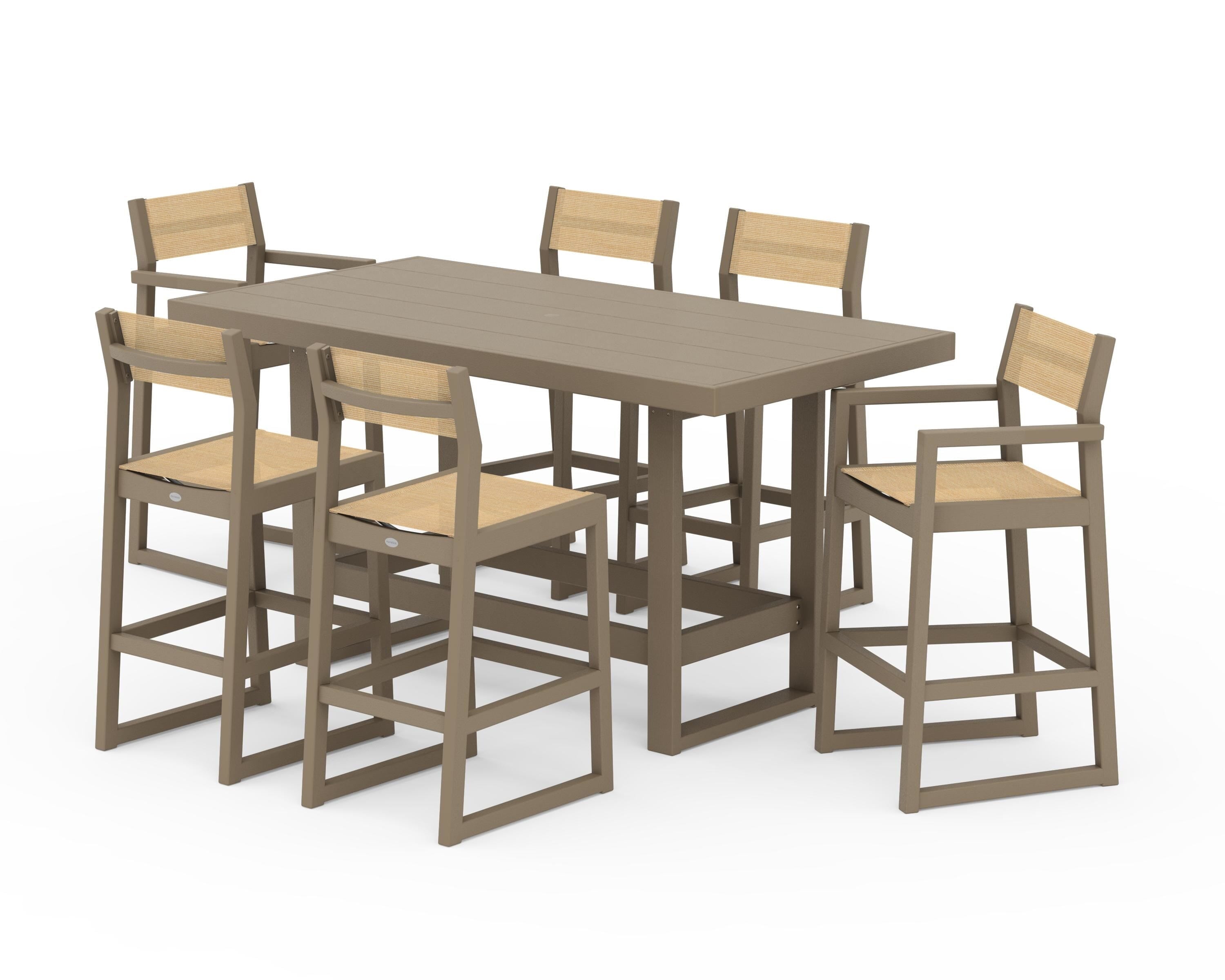 POLYWOOD EDGE Sling 7-Piece Bar Table Set in Vintage Sahara / Dupioni Apricot Sling