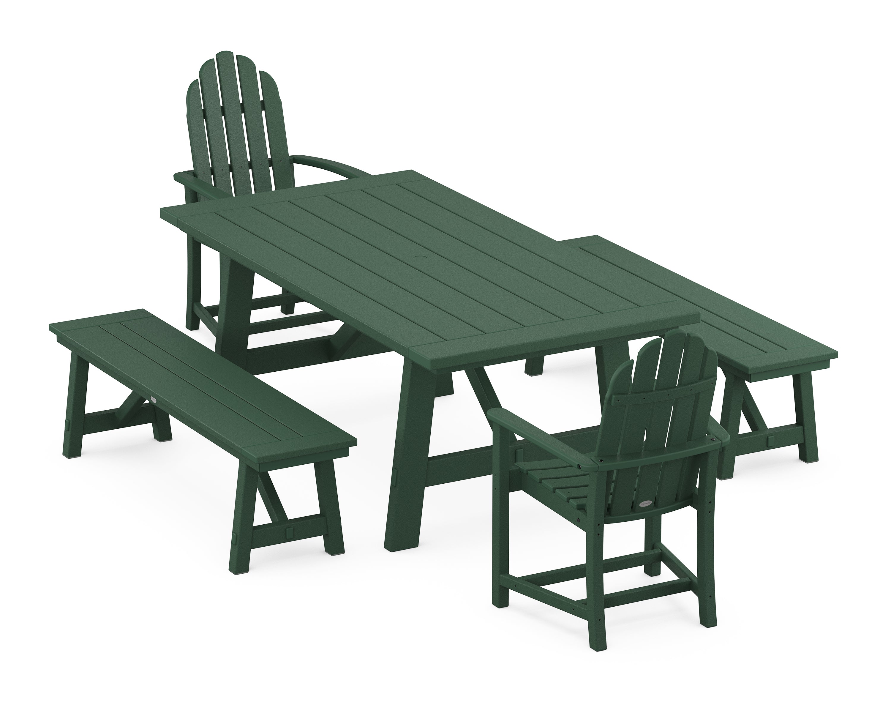 POLYWOOD® Classic Adirondack 5-Piece Rustic Farmhouse Dining Set With Benches in Green