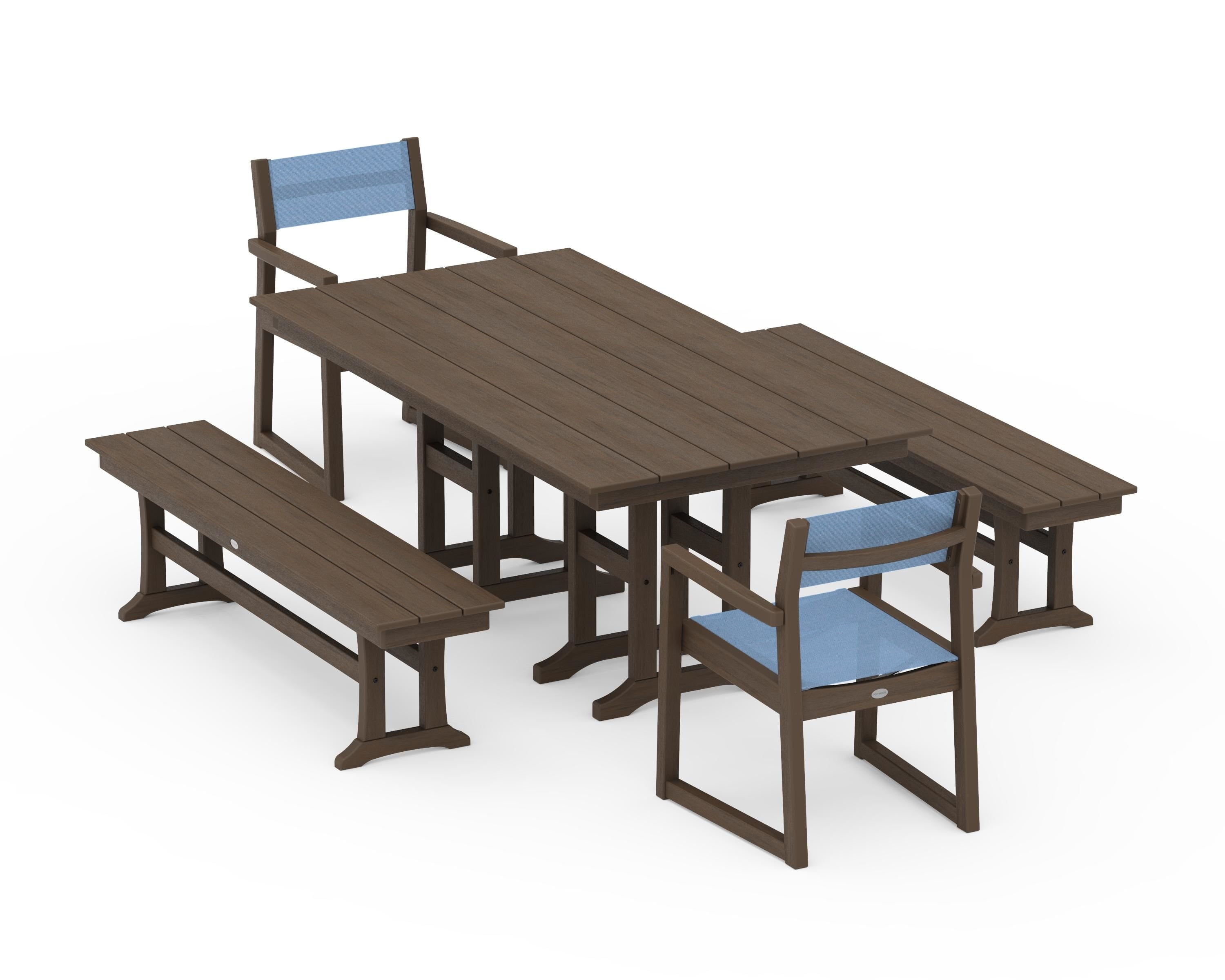 POLYWOOD EDGE Sling Arm Chair 5-Piece Farmhouse Dining Set with Benches in Kona / Poolside Sling