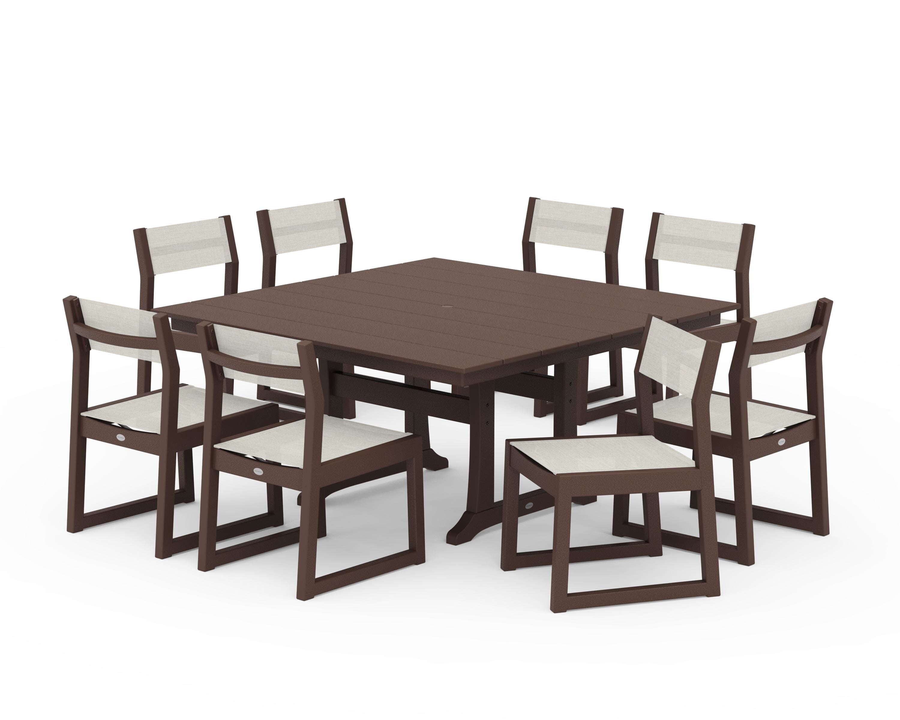 POLYWOOD EDGE Sling Side Chair 9-Piece Farmhouse Trestle Dining Set in Mahogany / Parchment Sling