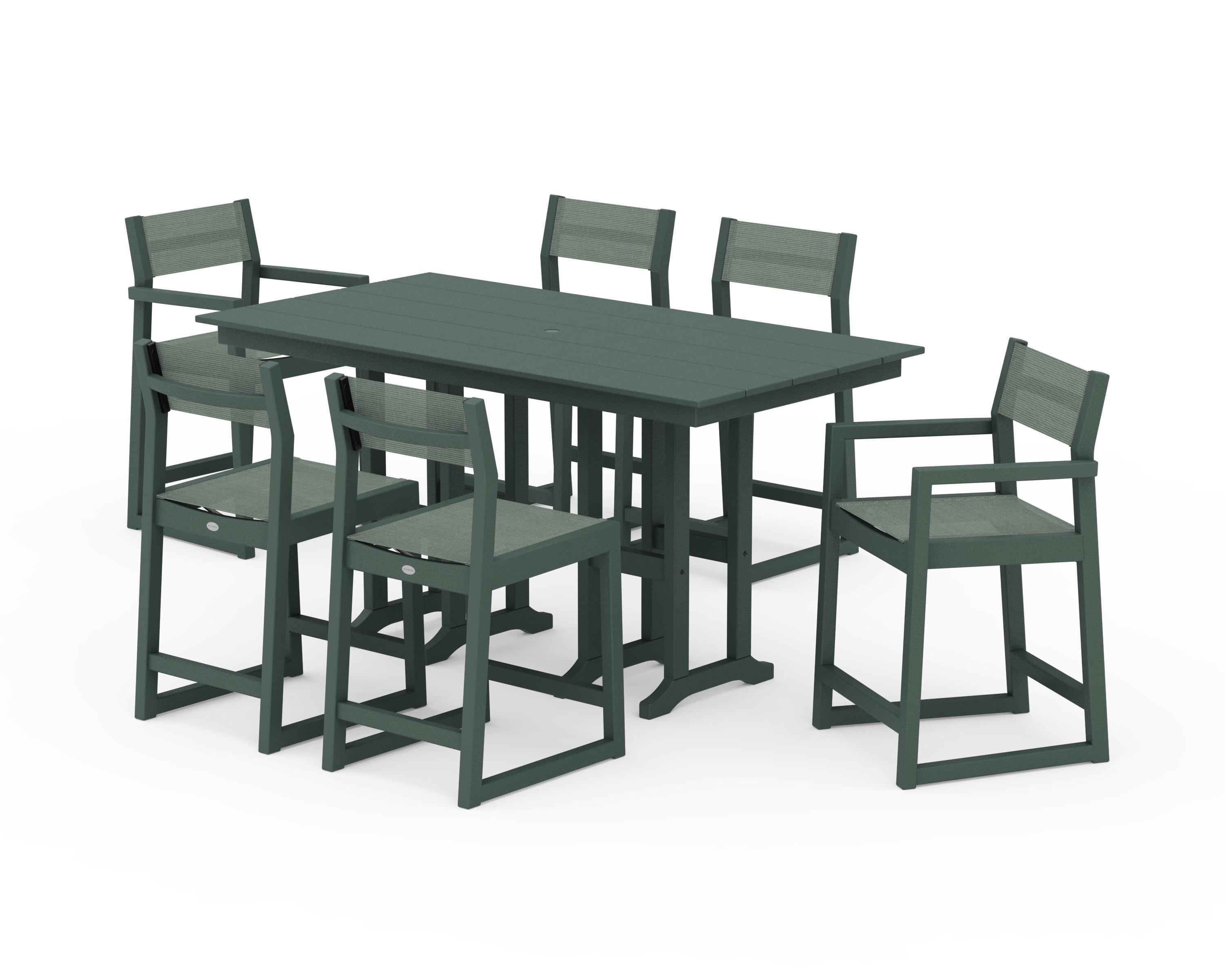 POLYWOOD EDGE Sling 7-Piece Farmhouse Counter Set with Trestle Legs in Green / Dupioni Sea Mist Sling