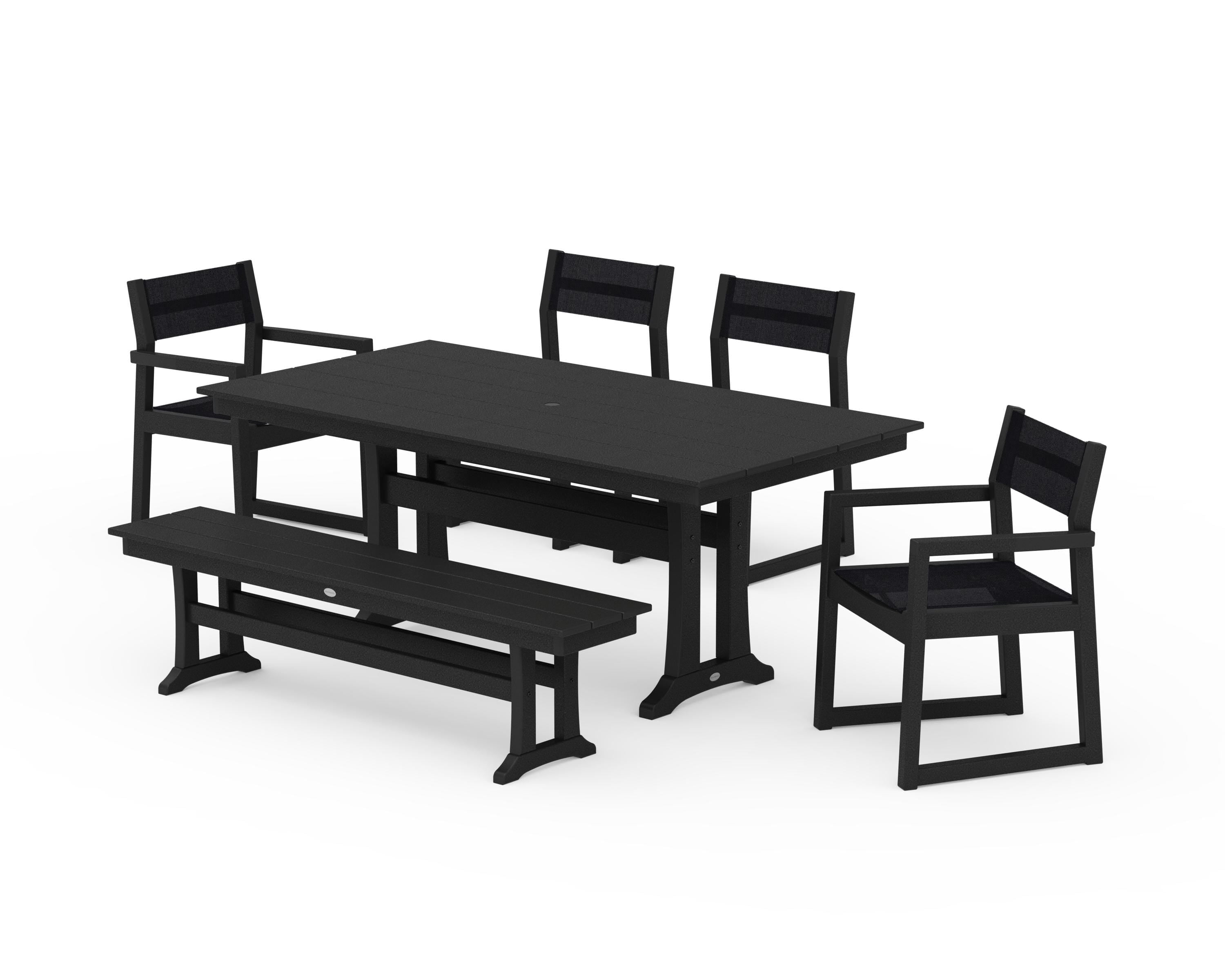 POLYWOOD EDGE Sling 6-Piece Farmhouse Dining Set With Trestle Legs in Black / Black Sling
