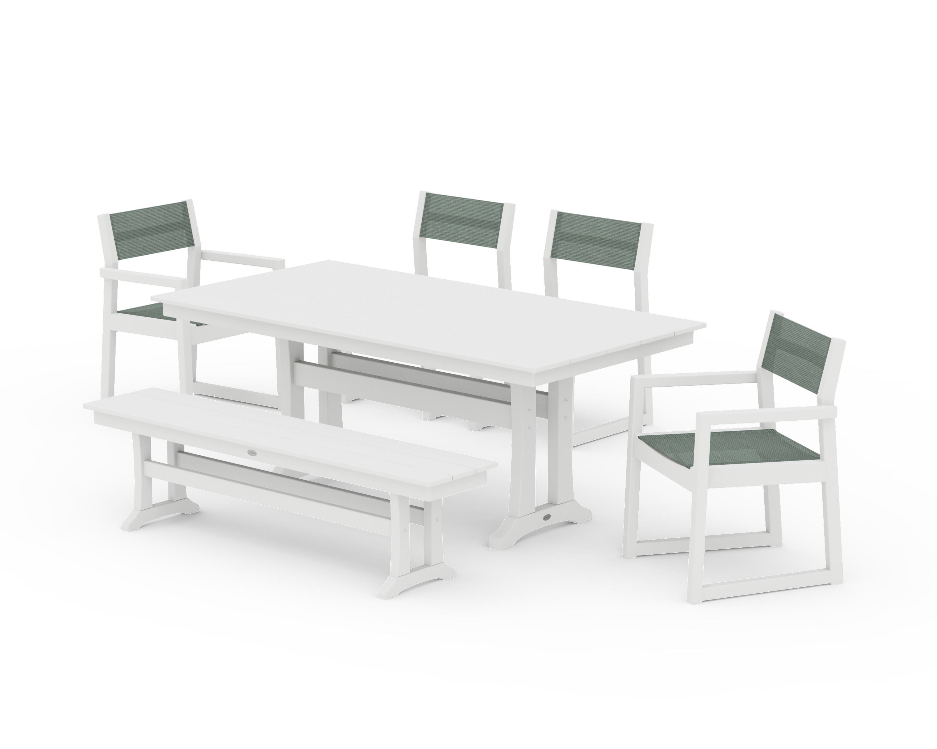 POLYWOOD EDGE Sling 6-Piece Farmhouse Dining Set With Trestle Legs in White / Dupioni Sea Mist Sling