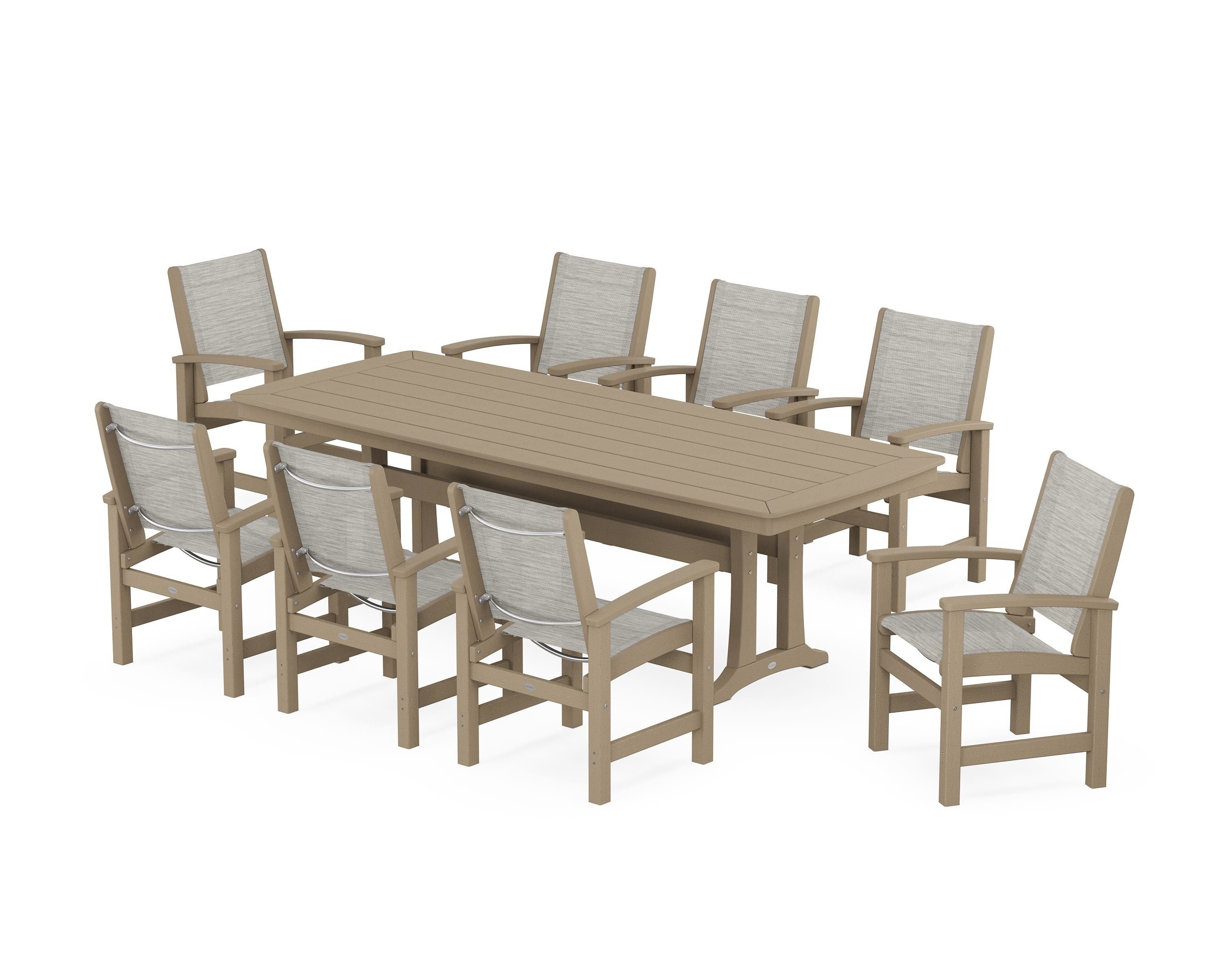 POLYWOOD Coastal 9-Piece Dining Set with Trestle Legs in Vintage Sahara / Birch Sling