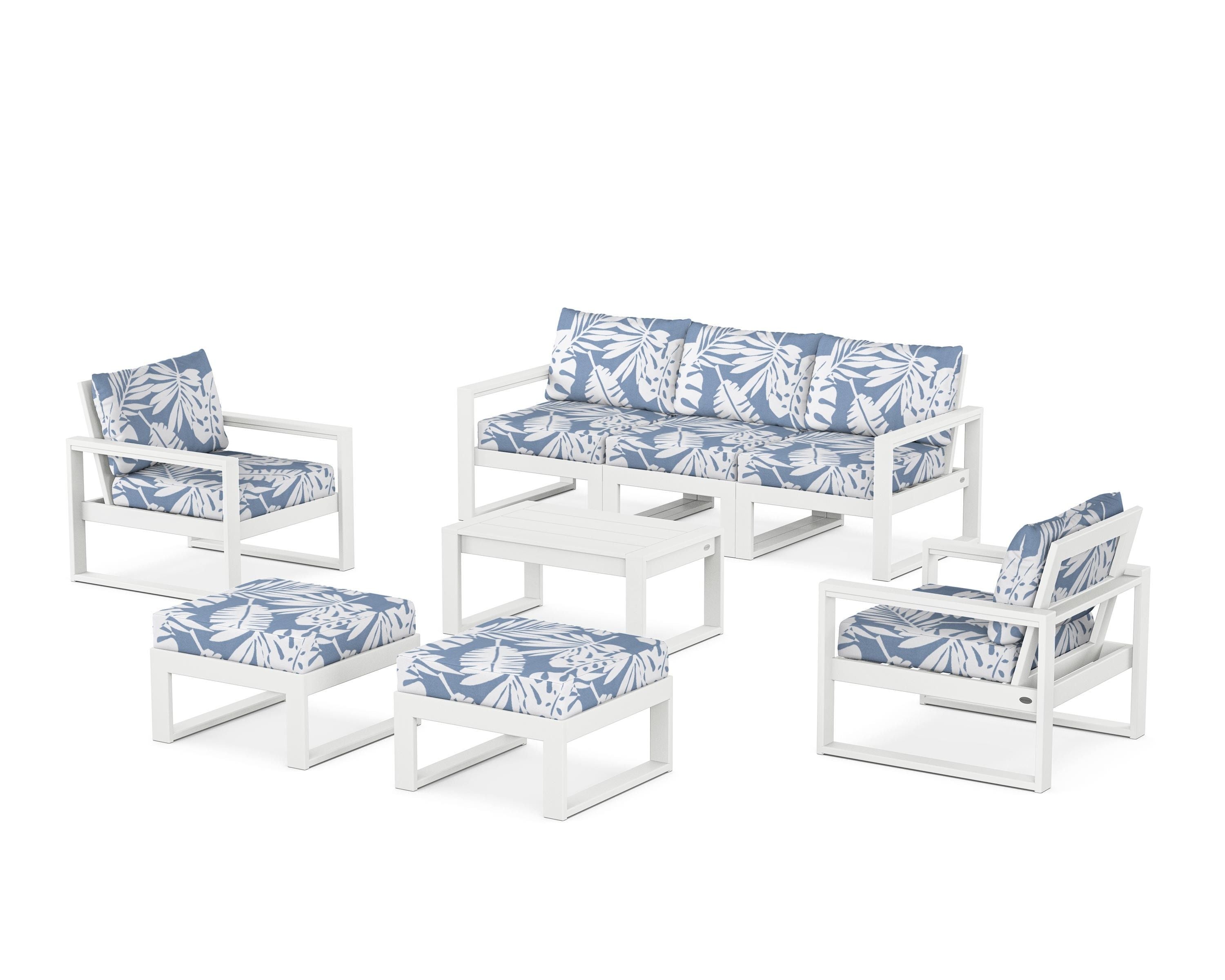 POLYWOOD EDGE Sectional 8-Piece Lounge Sofa Set in White / Leaf Sky Blue