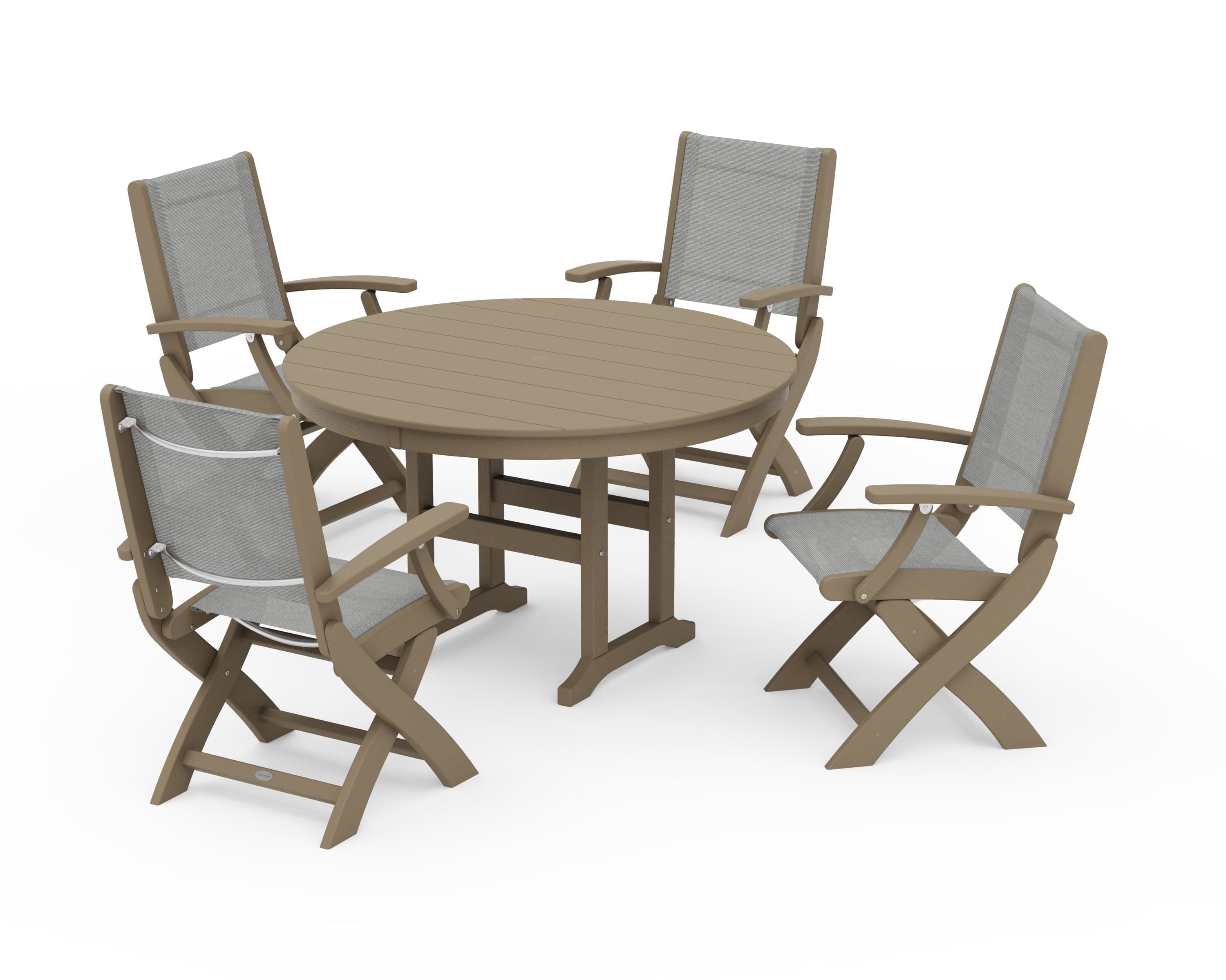 POLYWOOD Coastal Folding Chair 5-Piece Round Dining Set in Vintage Sahara / Metallic Sling