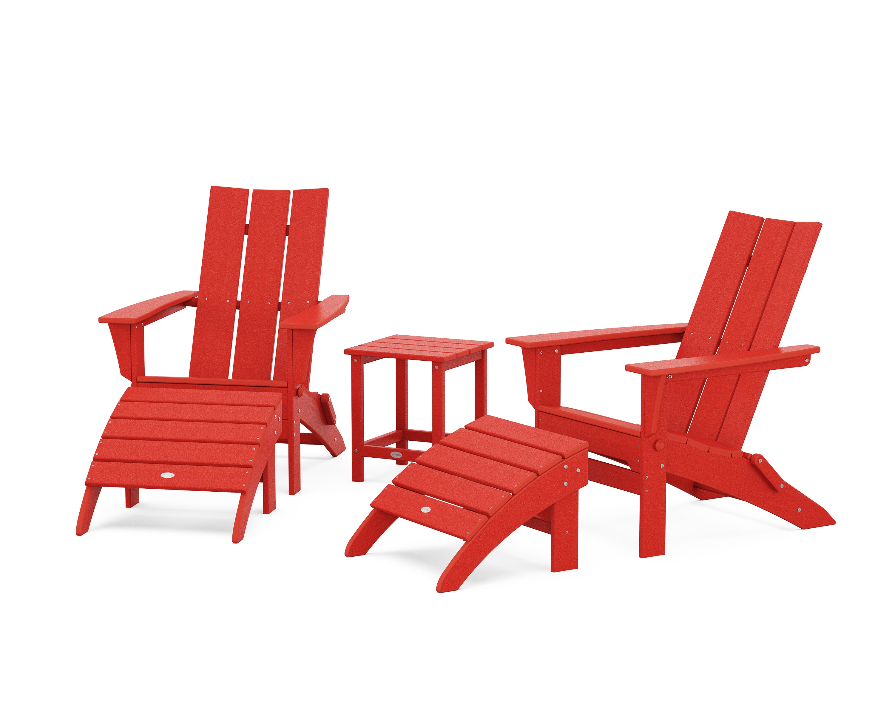 POLYWOOD® Modern Folding Adirondack Chair 5-Piece Set with Ottomans and 18" Side Table in Sunset Red