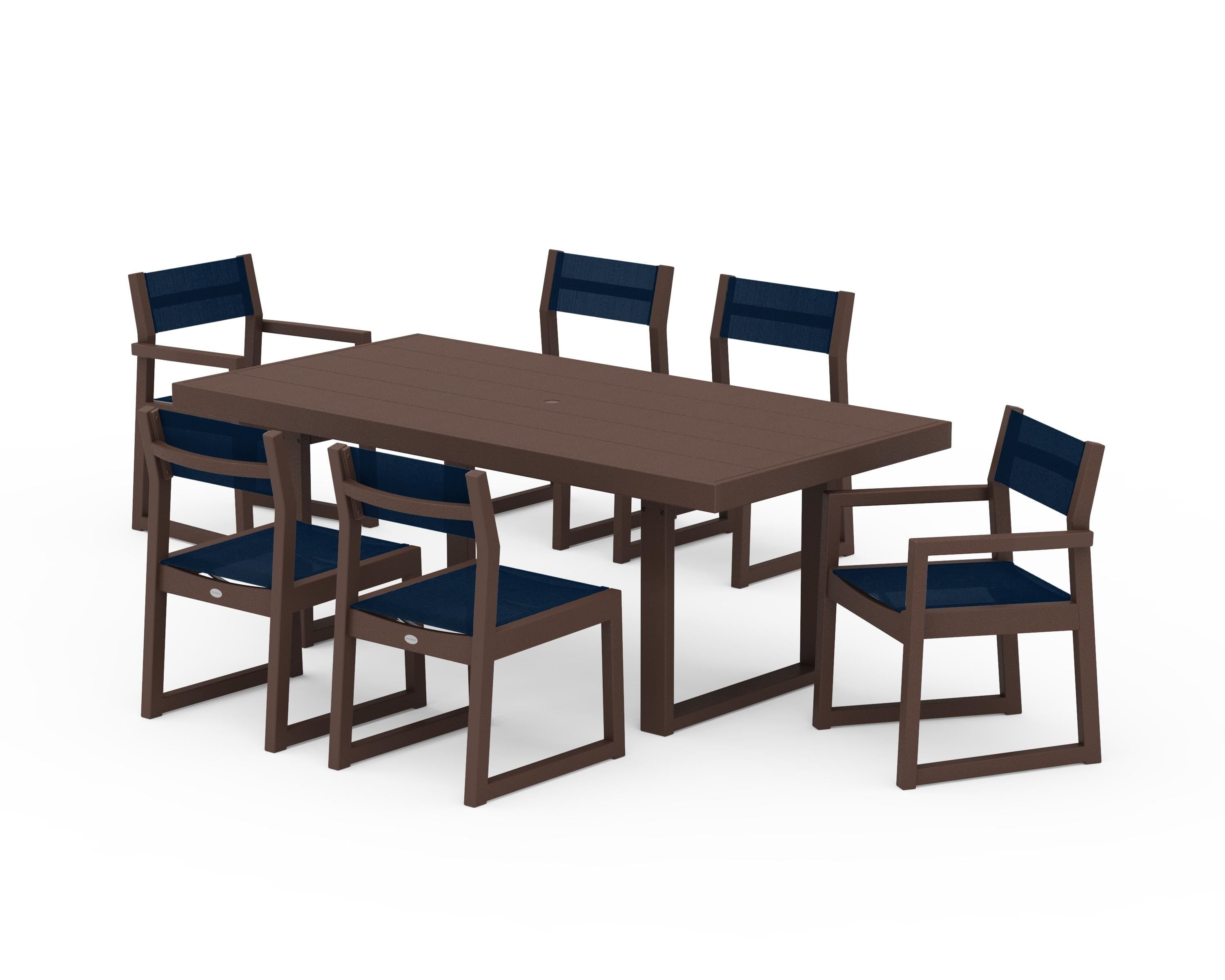 POLYWOOD EDGE Sling 7-Piece Dining Set in Mahogany / Navy Blue Sling