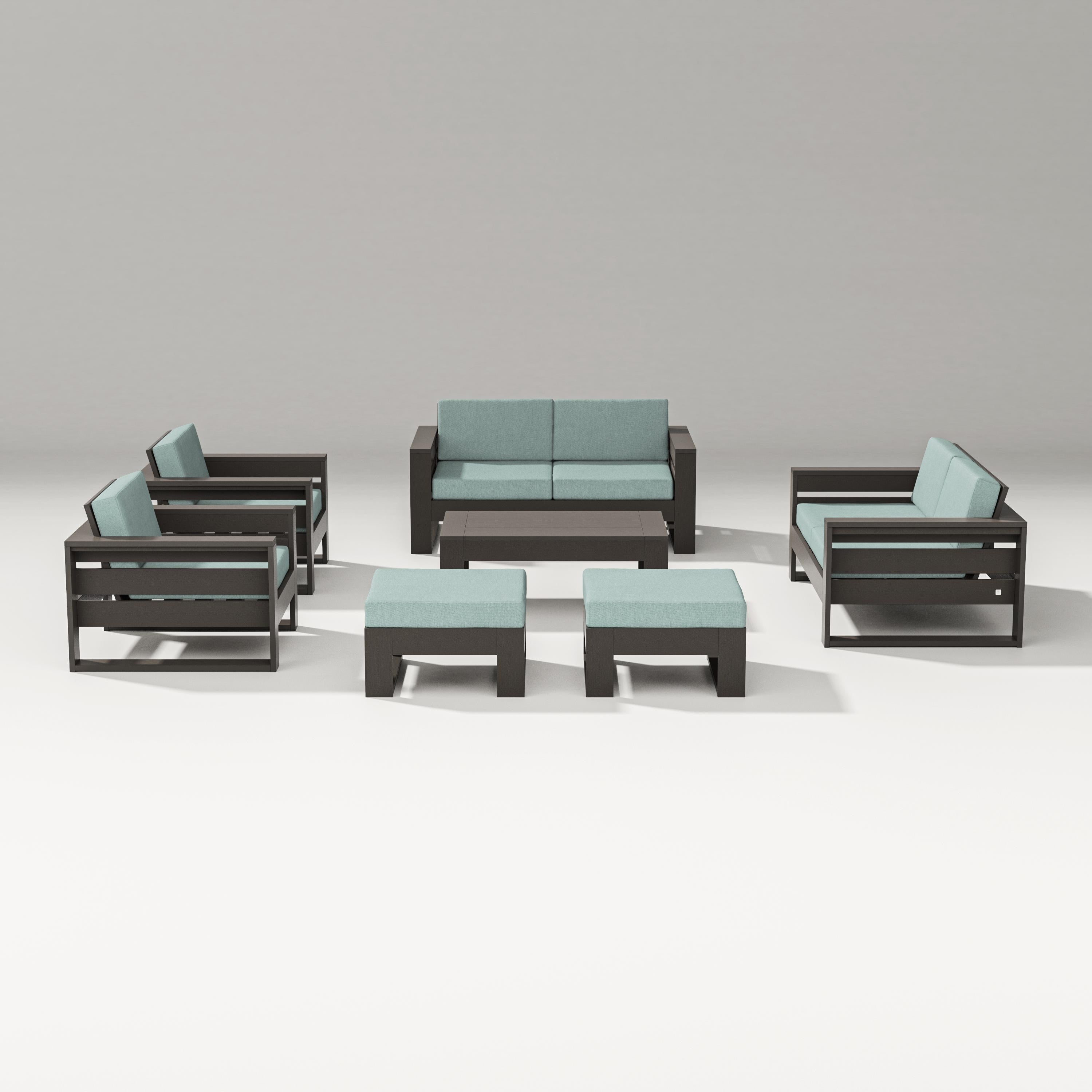 PW Designer Series Latitude 7-Piece Lounge Loveseat Set in Vintage Coffee / Glacier Spa
