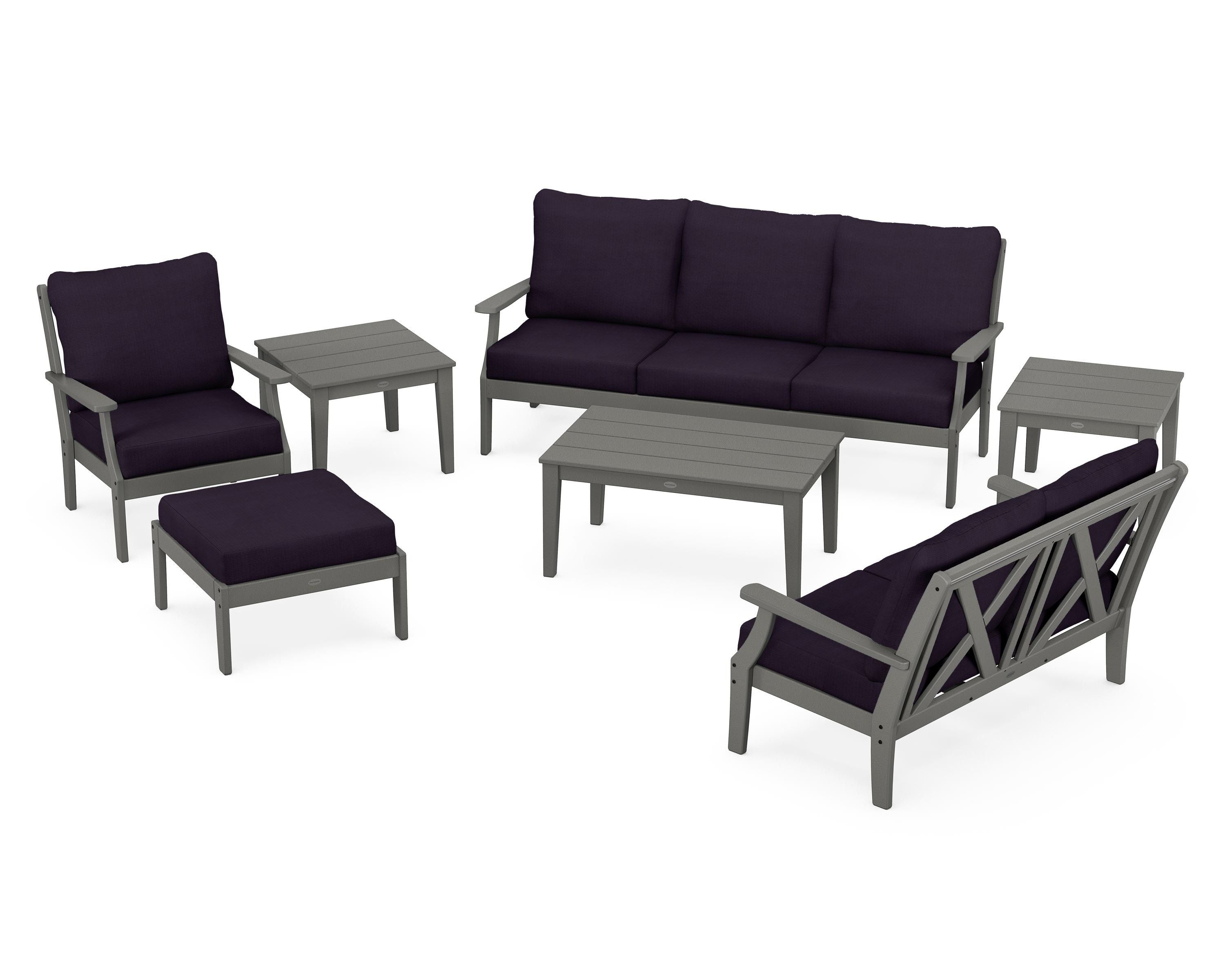 POLYWOOD Braxton 7-Piece Deep Seating Set in Slate Grey / Navy Linen