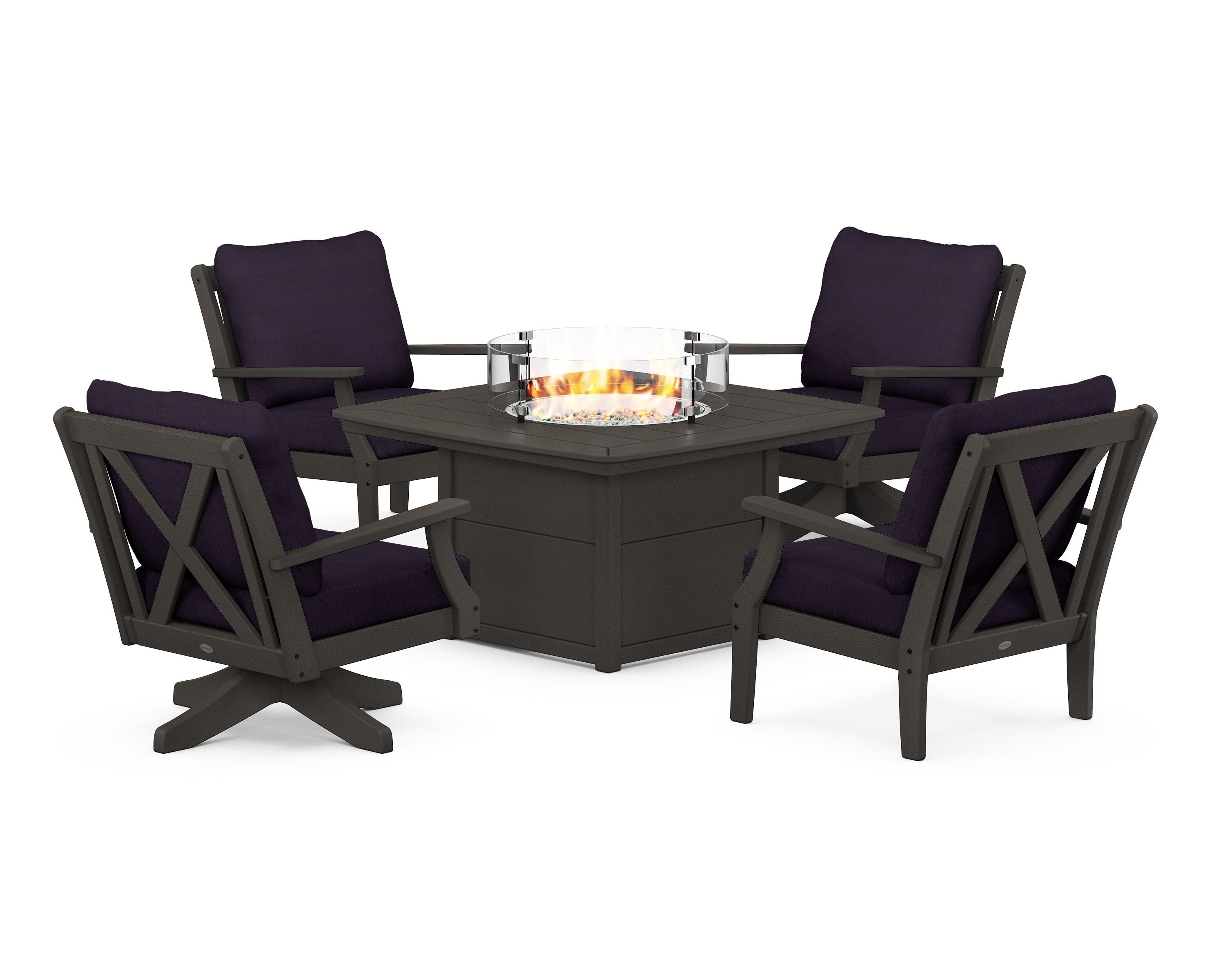 POLYWOOD Braxton 5-Piece Deep Seating Set with Fire Table in Vintage Coffee / Navy Linen
