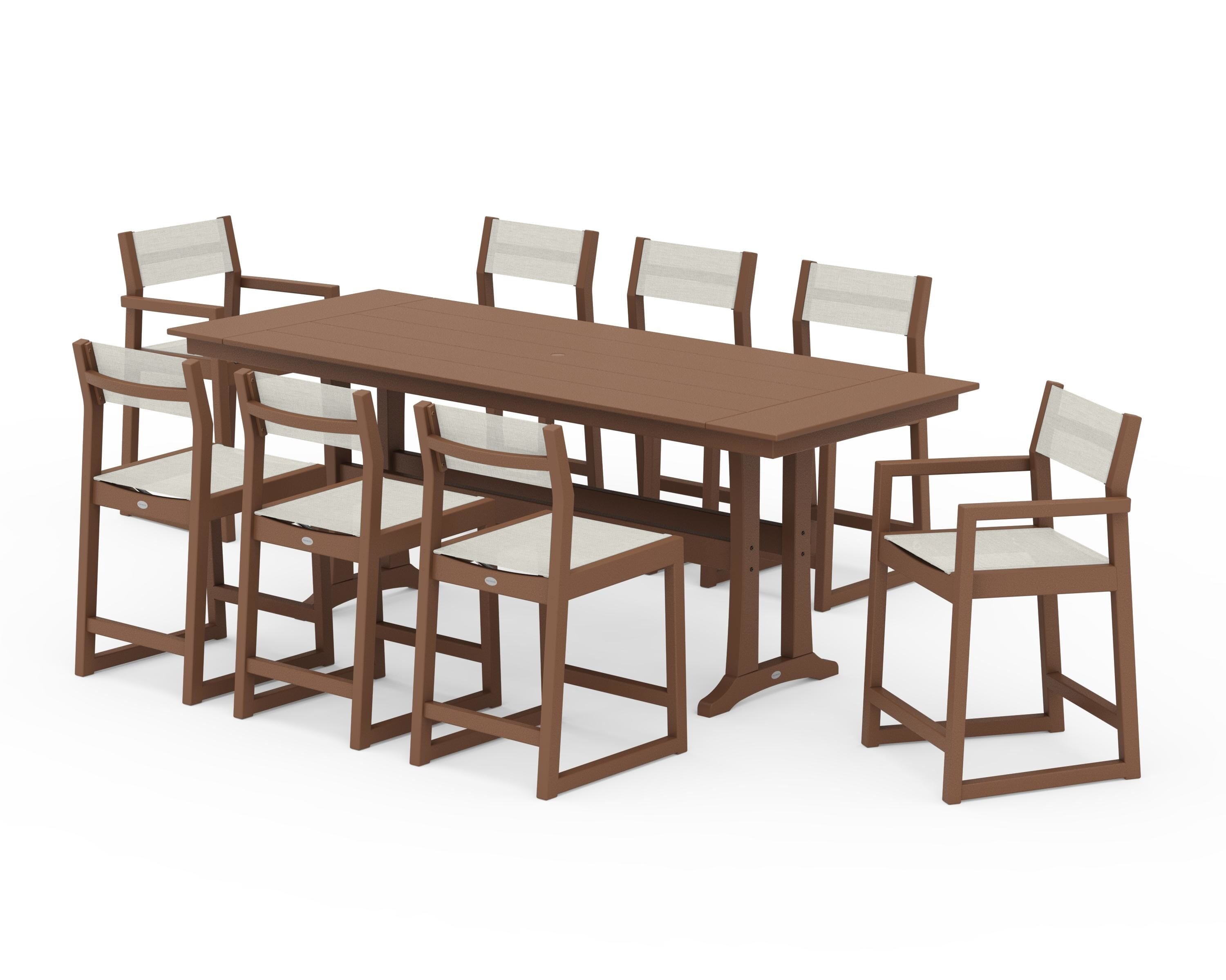 POLYWOOD EDGE Sling 9-Piece Farmhouse Counter Set with Trestle Legs in Teak / Parchment Sling