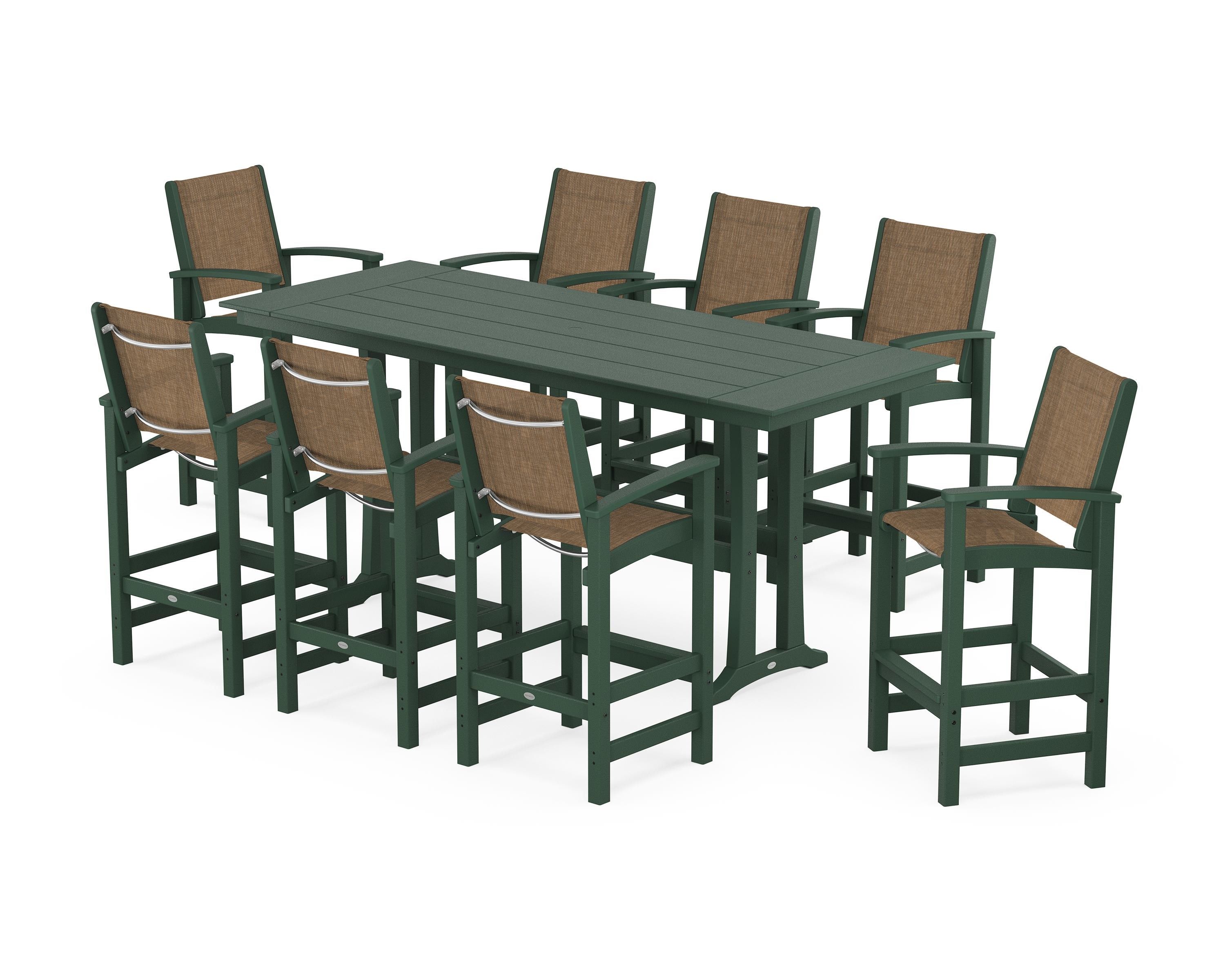 POLYWOOD Coastal 9-Piece Farmhouse Bar Set with Trestle Legs in Green / Burlap Sling