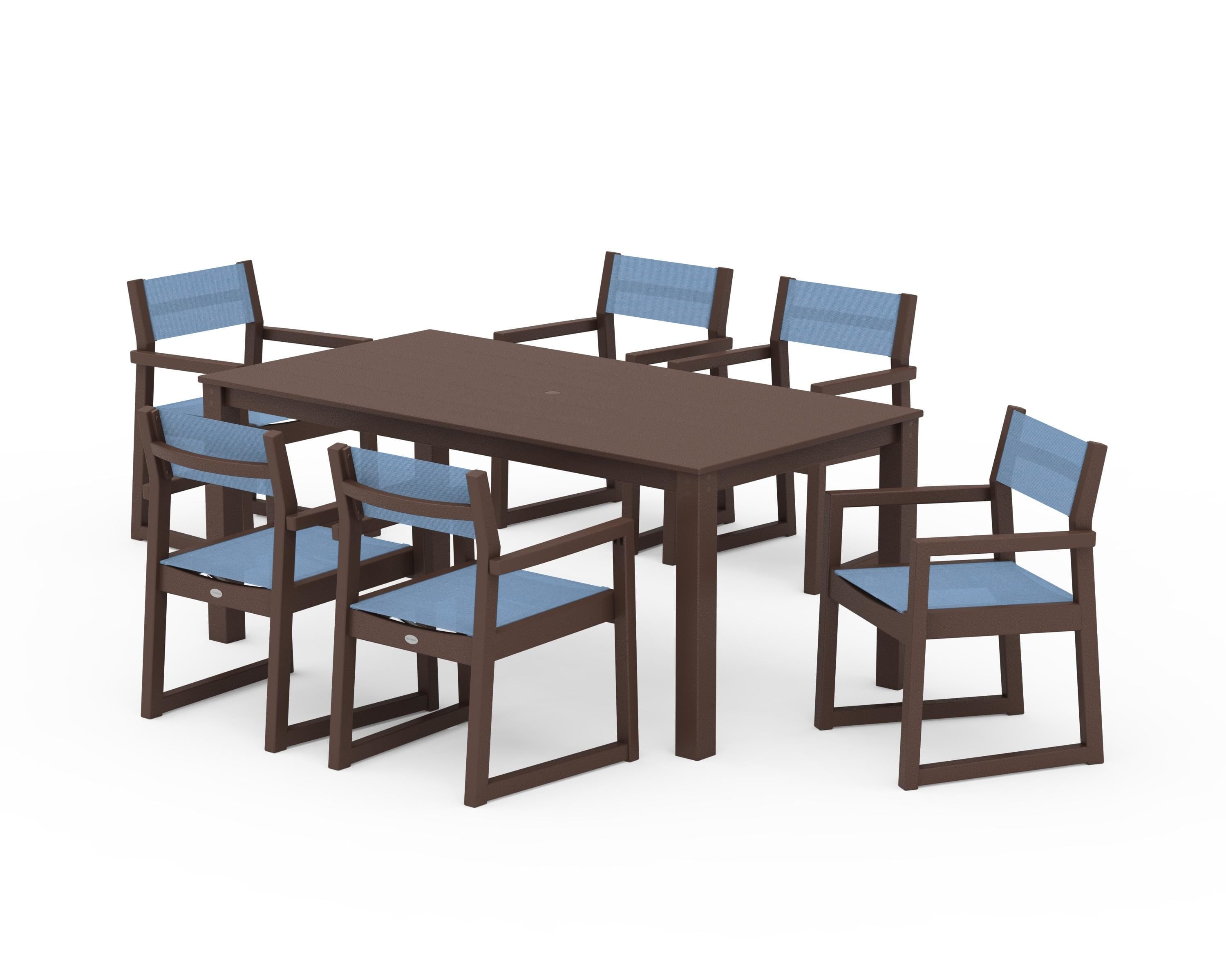 POLYWOOD EDGE Sling Arm Chair 7-Piece Parsons Dining Set in Mahogany / Poolside Sling