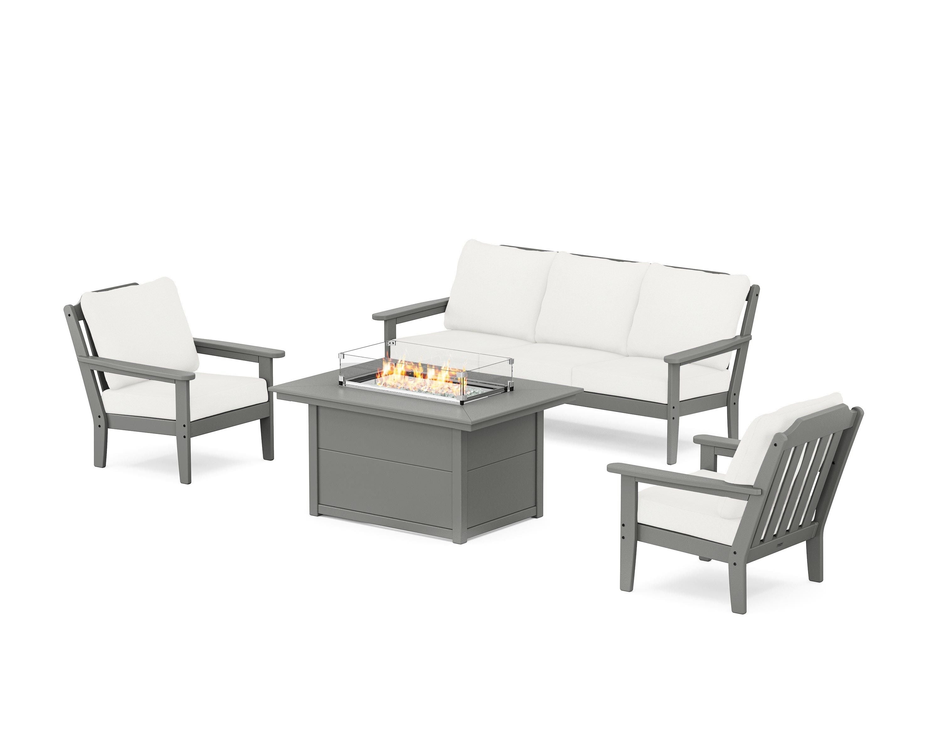 Country Living Cottage Deep Seating Fire Pit Table Set in Slate Grey / Natural Linen