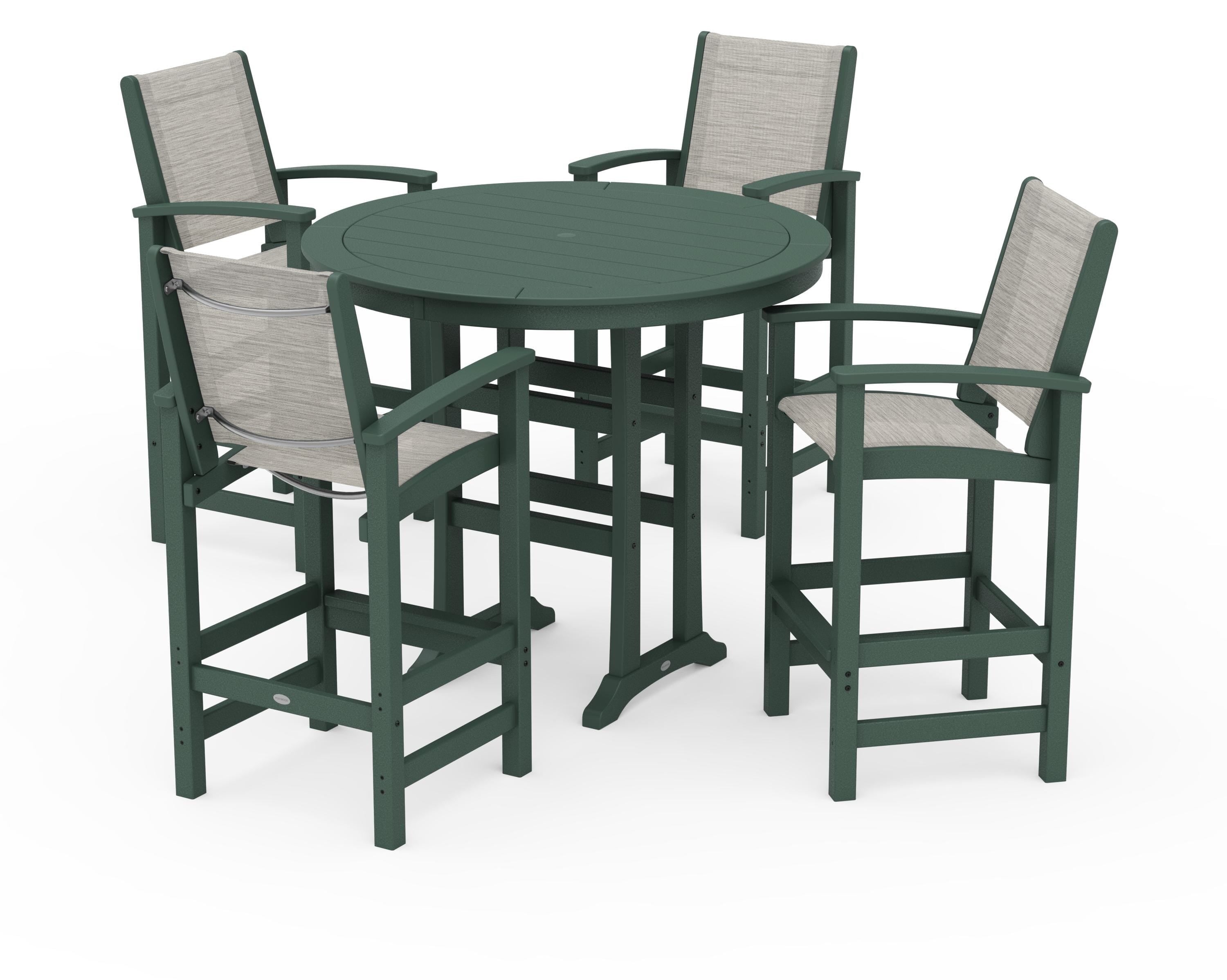 POLYWOOD Coastal 5-Piece Nautical Trestle Bar Set in Green / Birch Sling